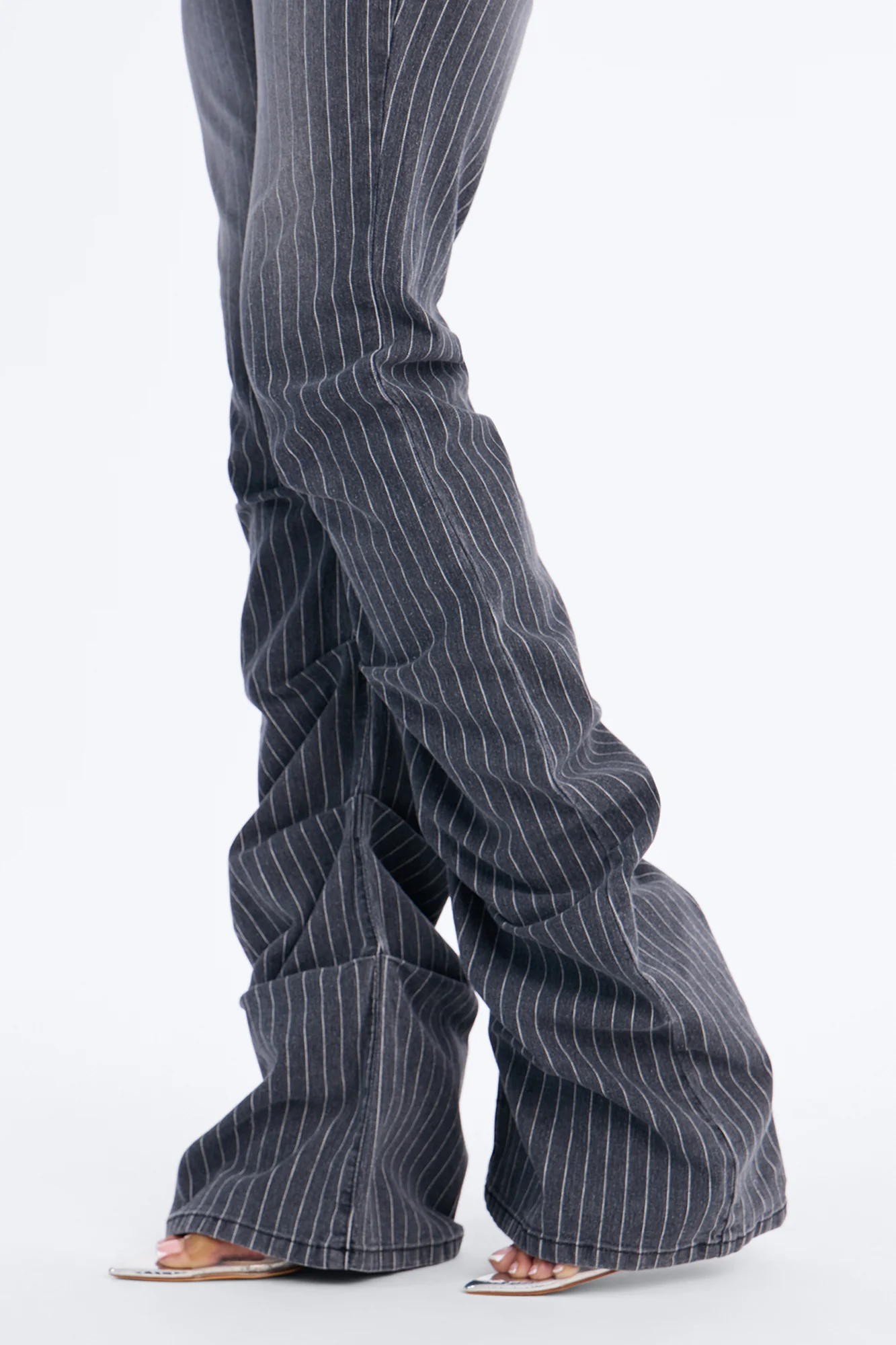 Speakeasy Striped Stacked Low Rise Flare Jeans - Grey - Image 3