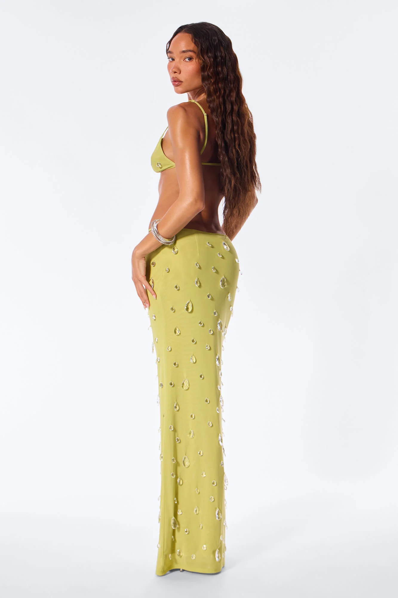 Spotlight Raindrop Bead Mesh Maxi Skirt Set - Chartreuse - Image 4