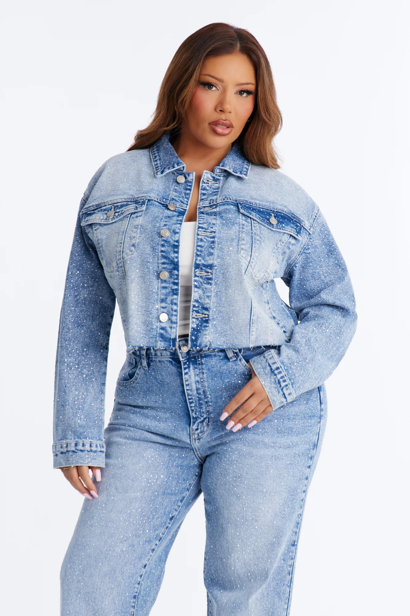 Spotlight Status Rhinestone Denim Pant Set - Light Wash - Image 7