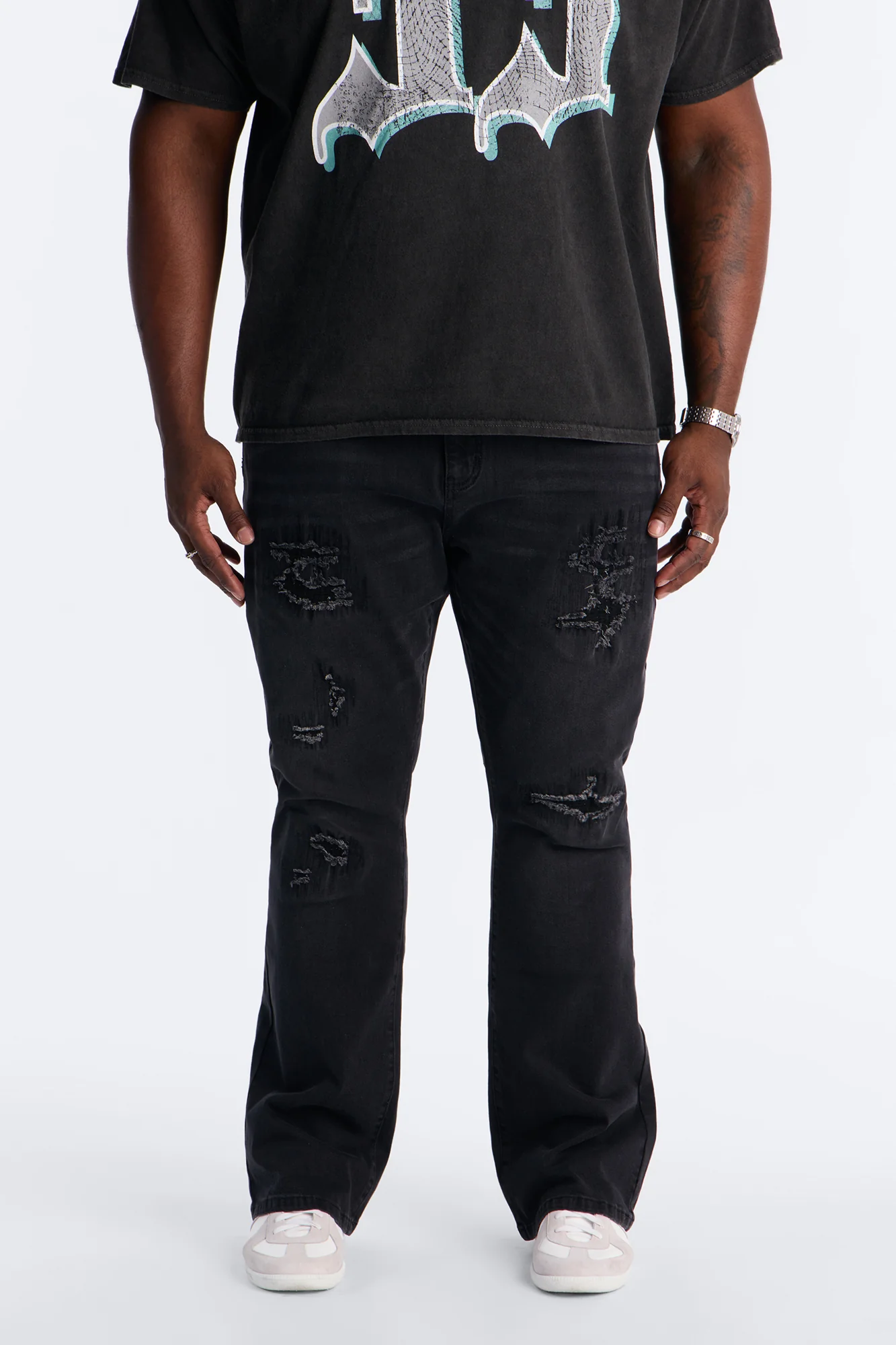 Stacked Skinny Flare Etched Distress Jeans - Black Wash - Image 5