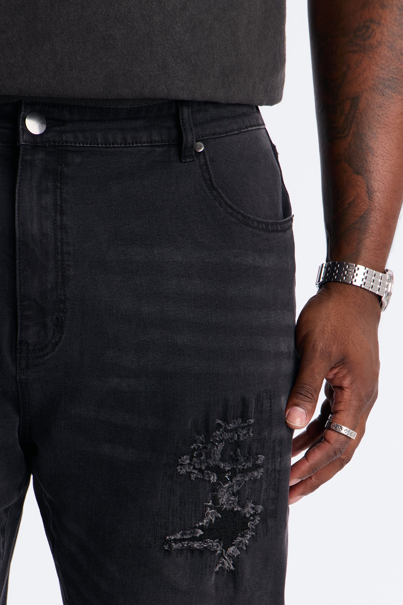 Stacked Skinny Flare Etched Distress Jeans - Black Wash - Image 7