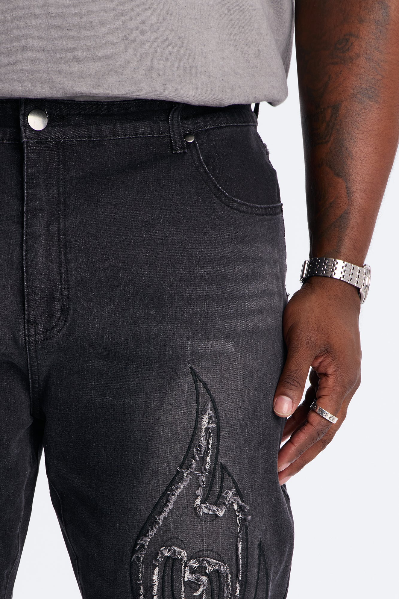 Stacked Skinny Flare Fringe Blade Jeans - Black Wash - Image 7