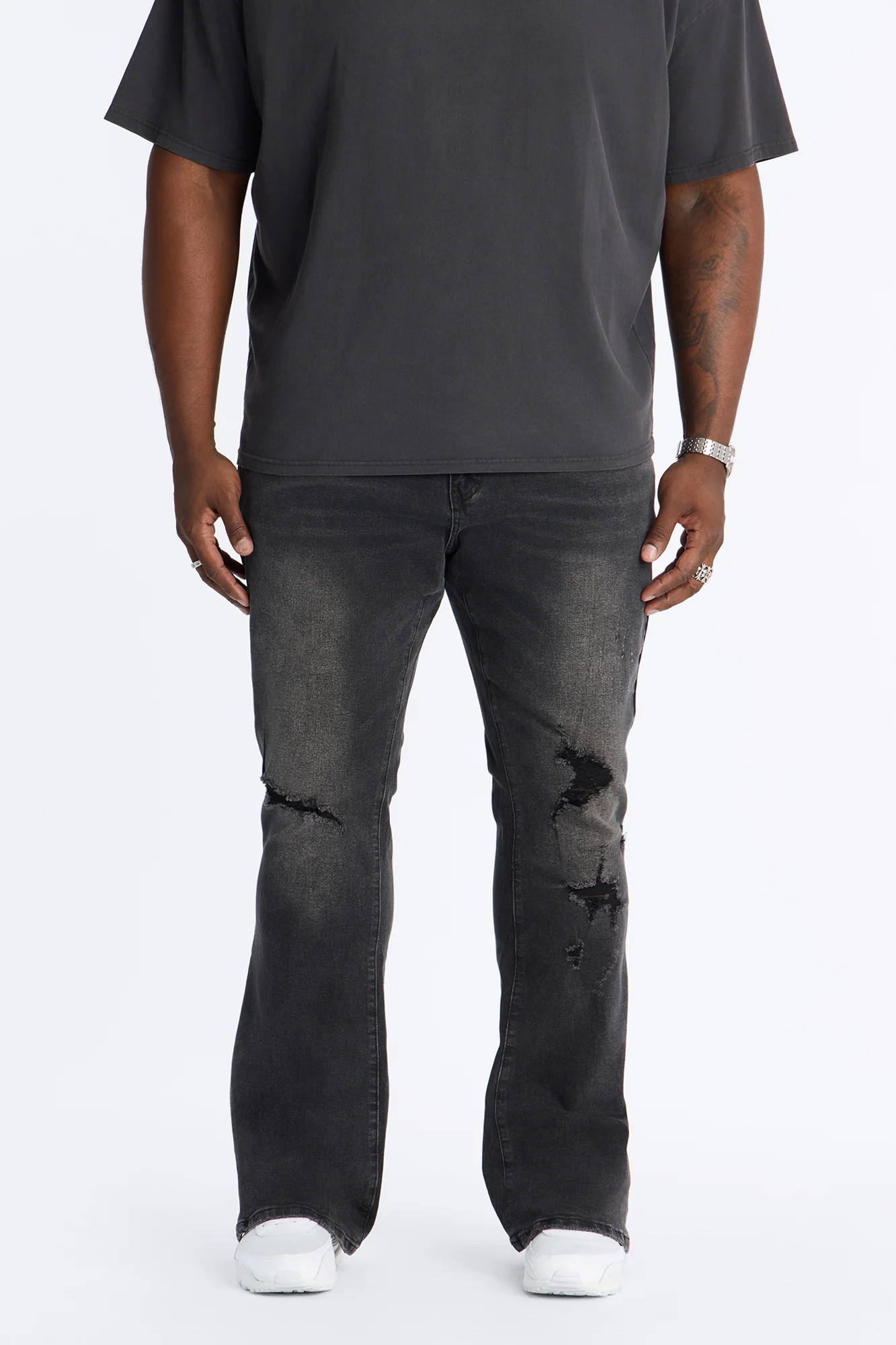 Stacked Skinny Flare Slit Dare Me Distressed Jean - Black Wash - Image 5