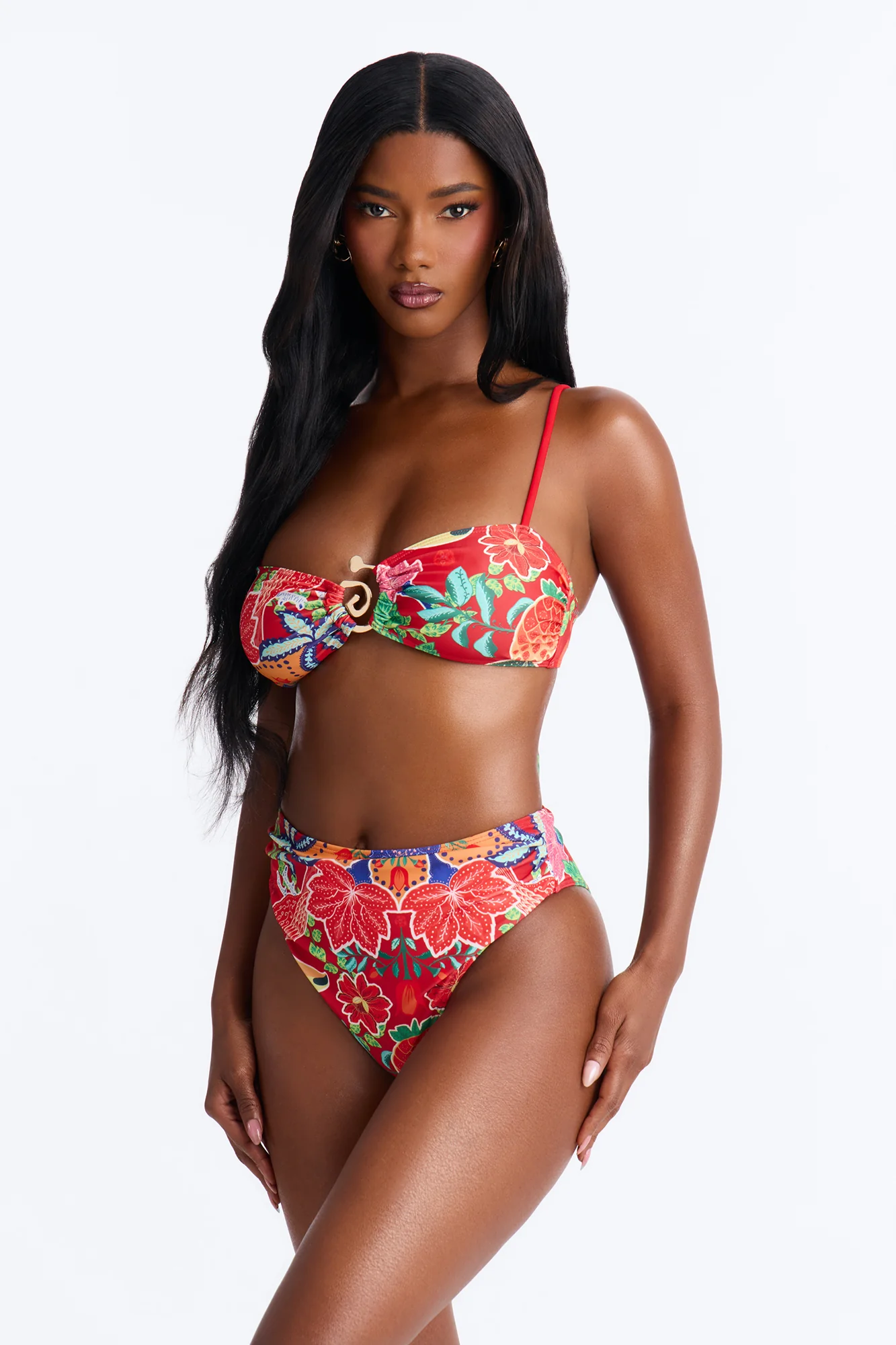 Stay Vibrant Floral 3 Piece Bikini & Cover Up Sarong Sunsuit - Red/combo