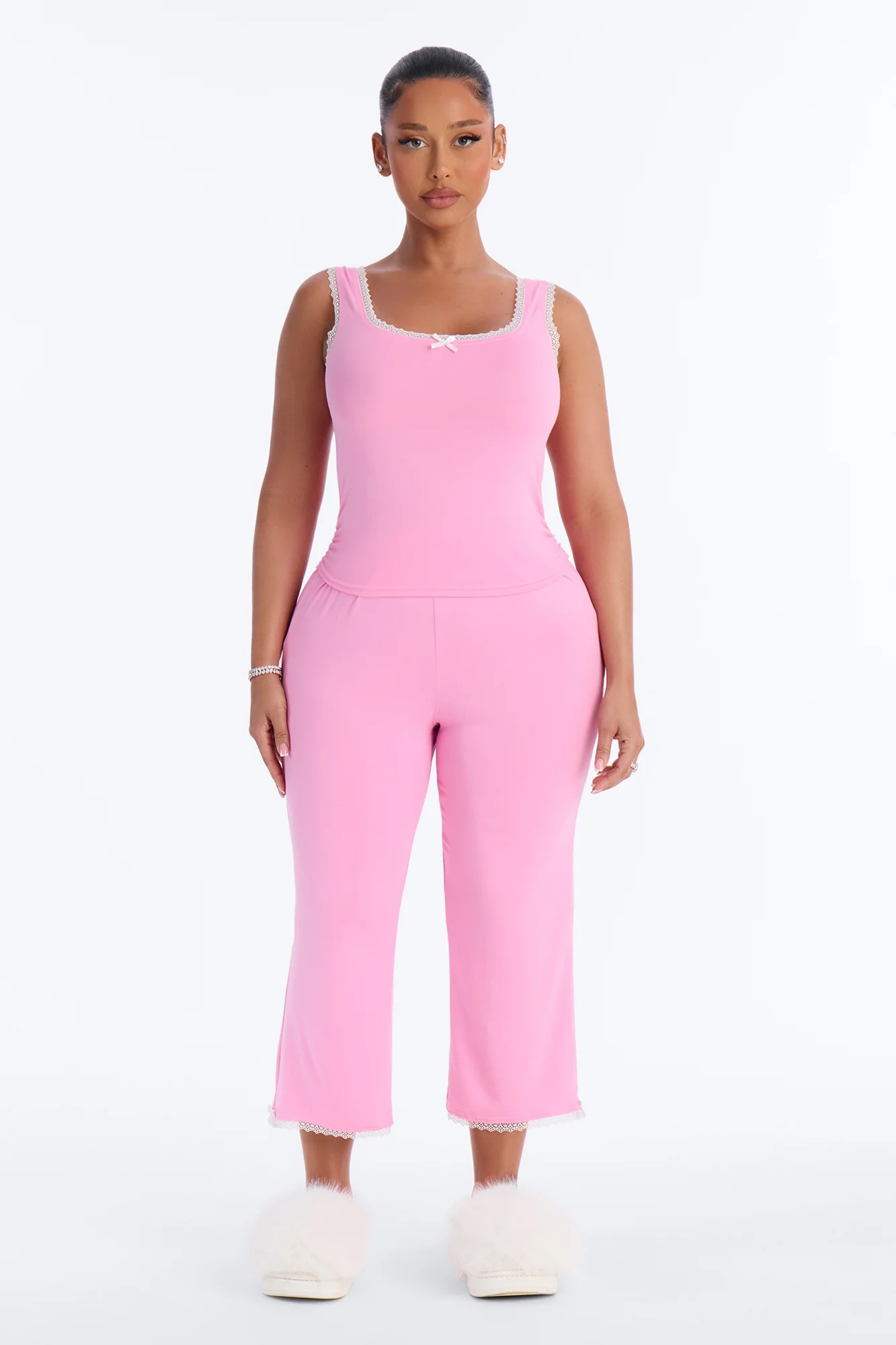 Stay With Me Lace Trim PJ Capri Pant Set - Pink