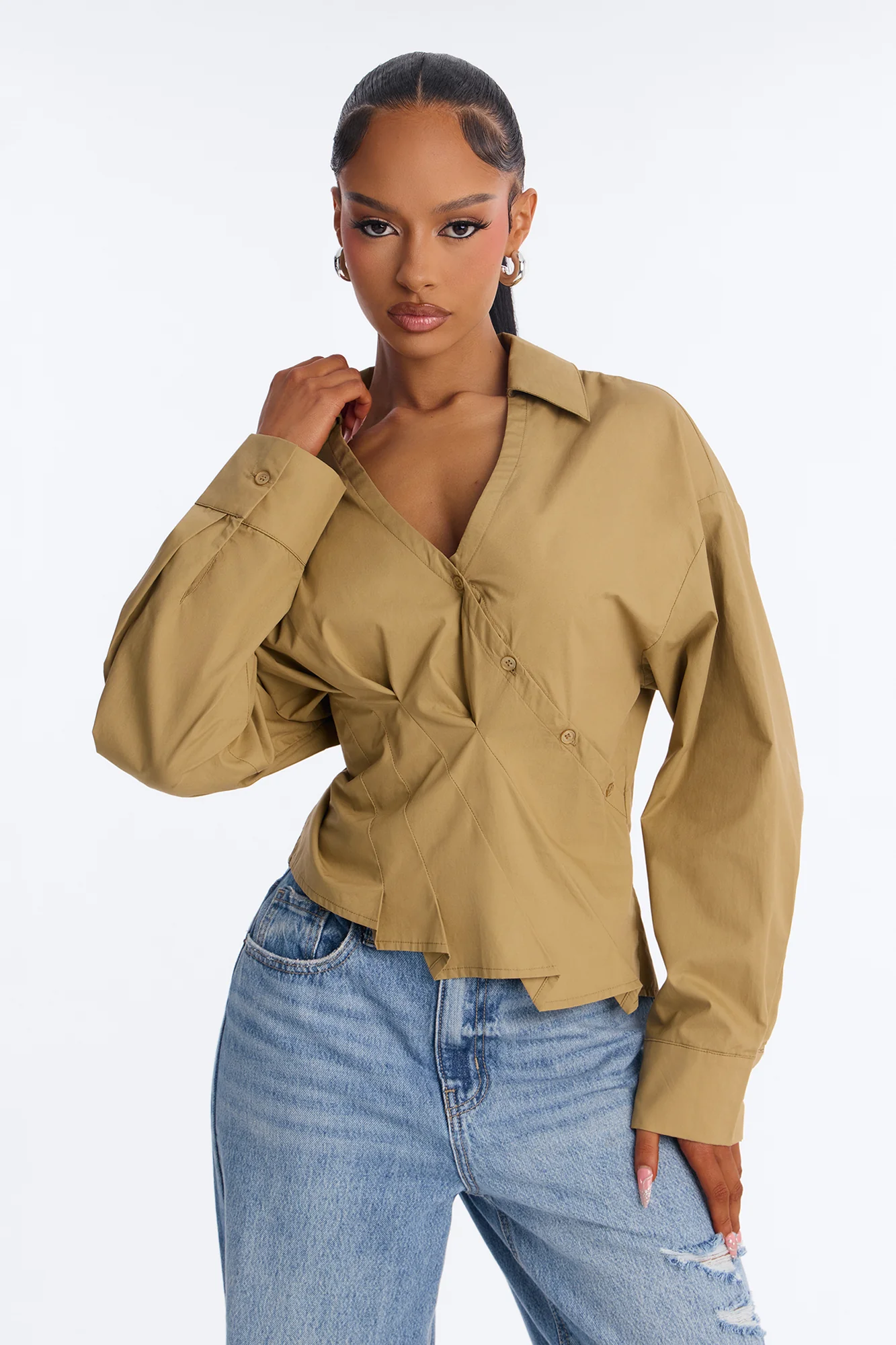 Stepping Out Asymmetrical Poplin Shirt - Military Green