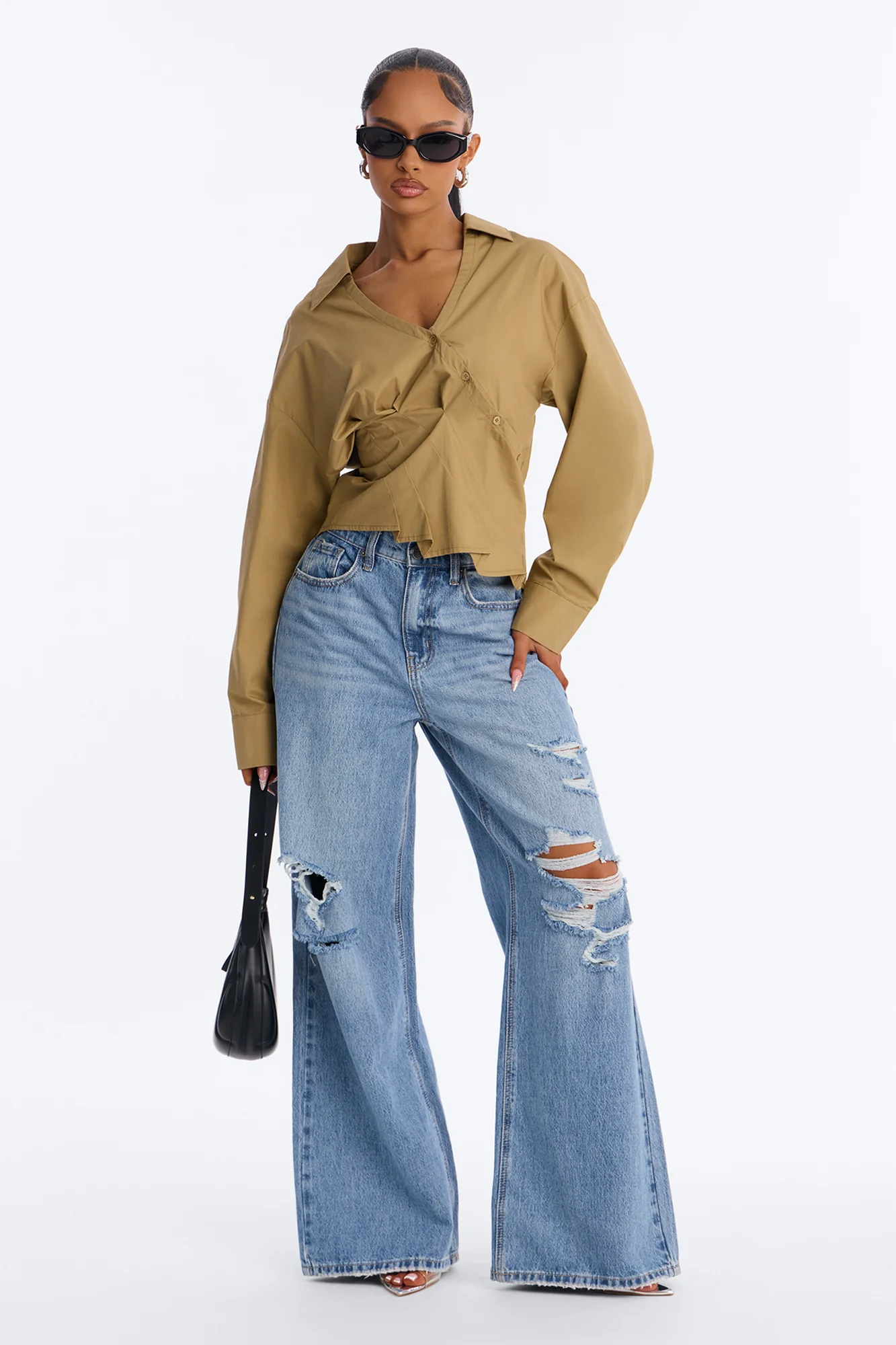Stepping Out Asymmetrical Poplin Shirt - Military Green - Image 2