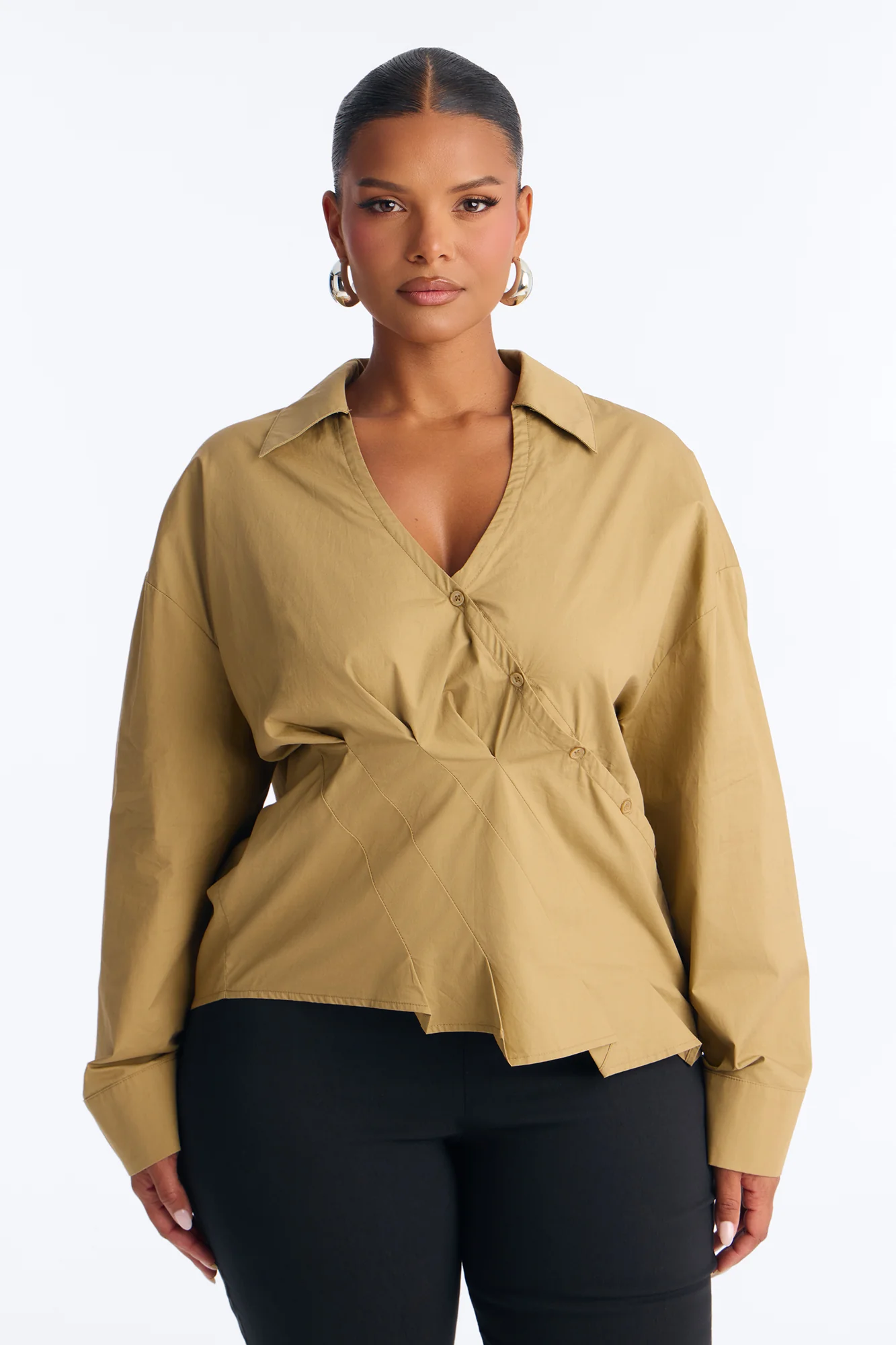 Stepping Out Asymmetrical Poplin Shirt - Military Green - Image 5
