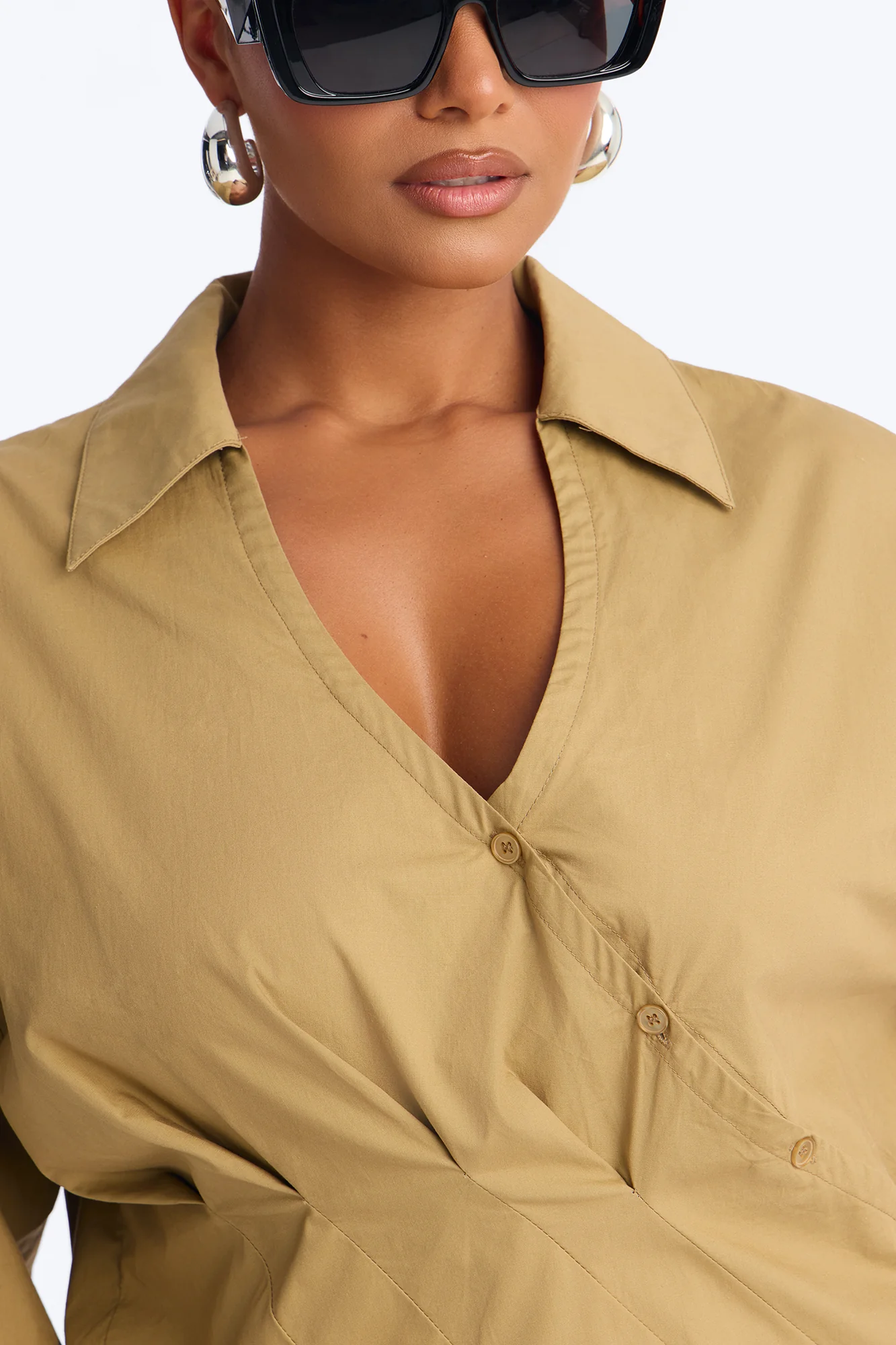 Stepping Out Asymmetrical Poplin Shirt - Military Green - Image 7