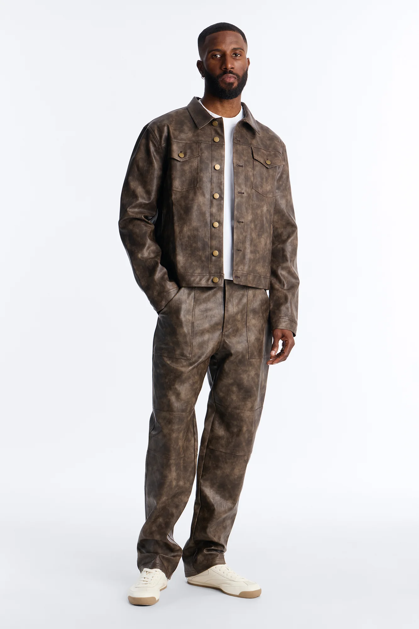 Stone Grained Faux Leather Trucker Jacket - Brown - Image 2