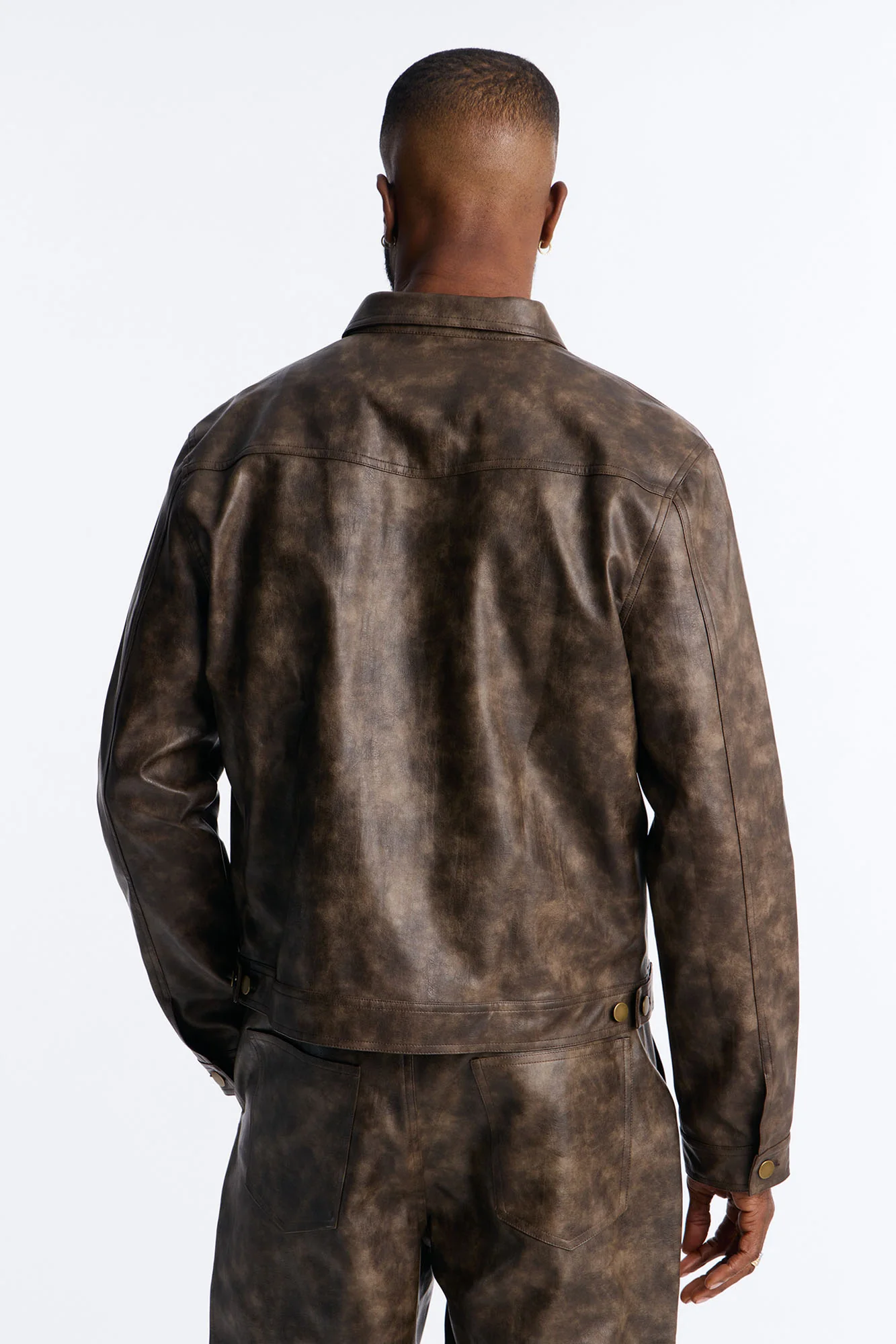 Stone Grained Faux Leather Trucker Jacket - Brown - Image 4