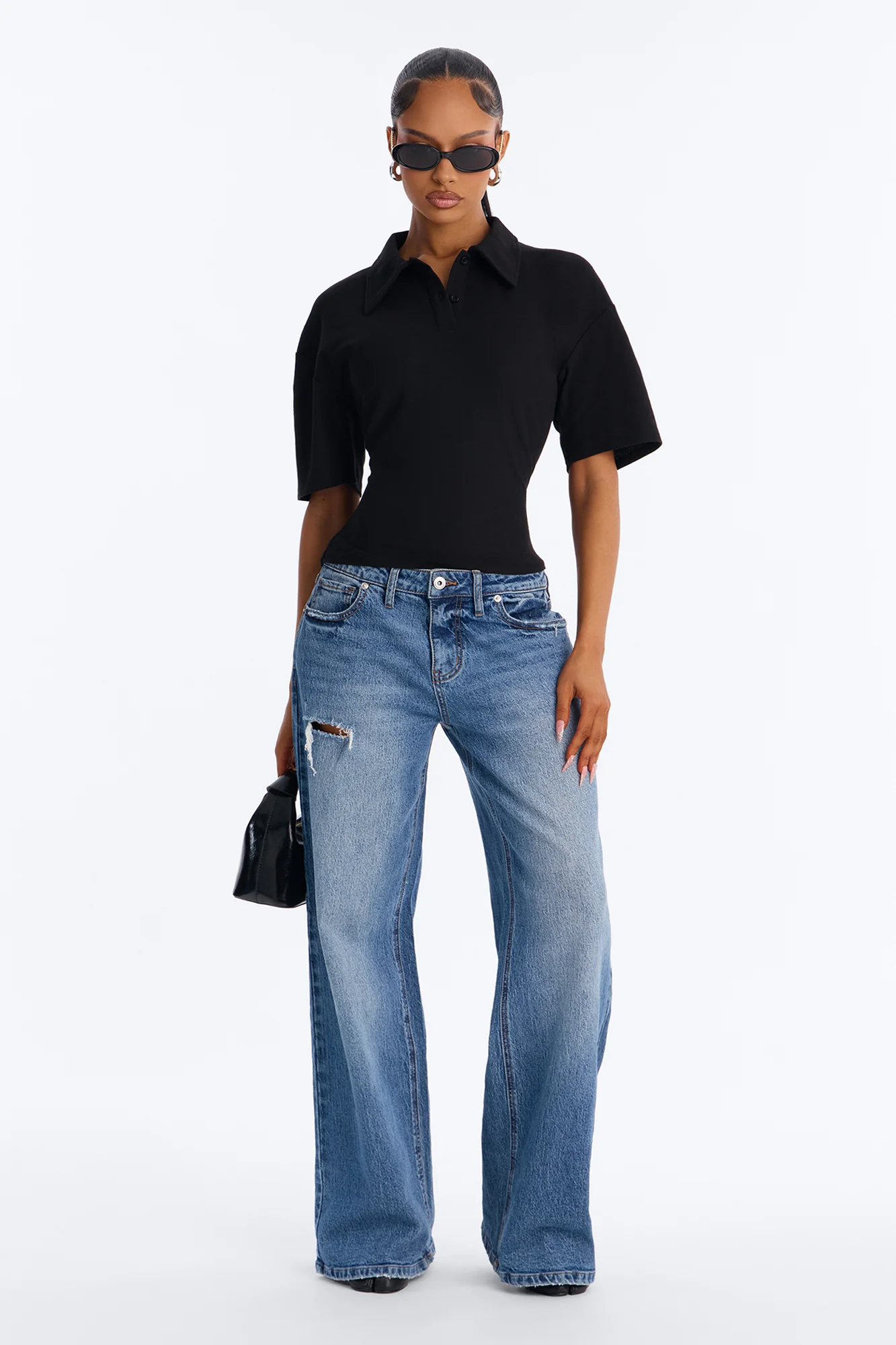 Street Serve Cinched Short Sleeve Polo Top - Black - Image 2