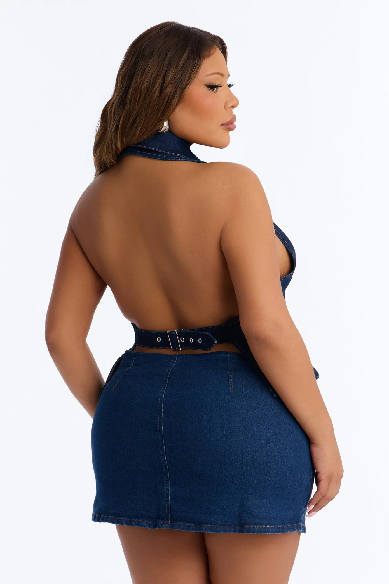 Street Smart Front Zip Denim Halter Top - Dark Wash - Image 8