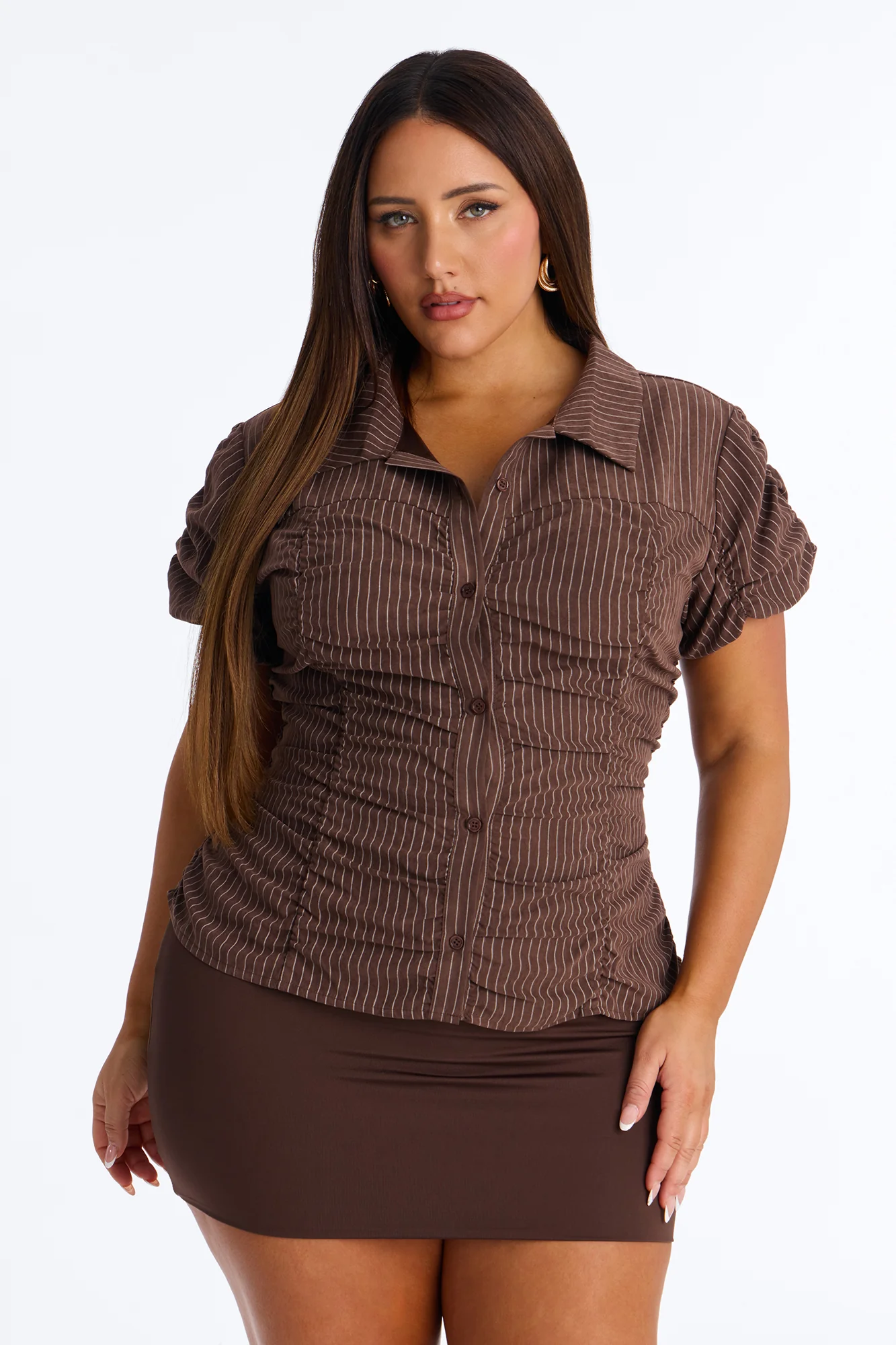 Streetwear Sweetness Ruched Pinstripe Top - Brown/combo - Image 4
