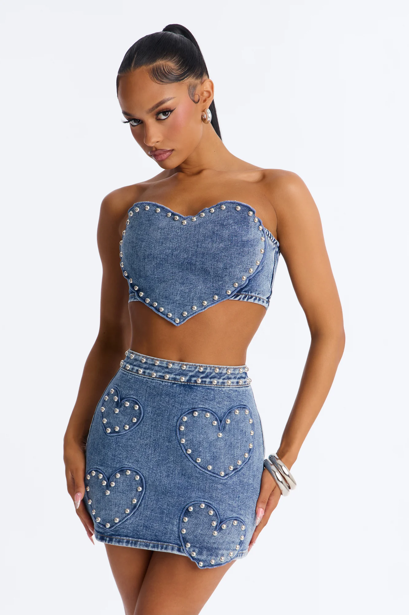 Studded Love Denim Skirt Set - Medium Wash - Image 2