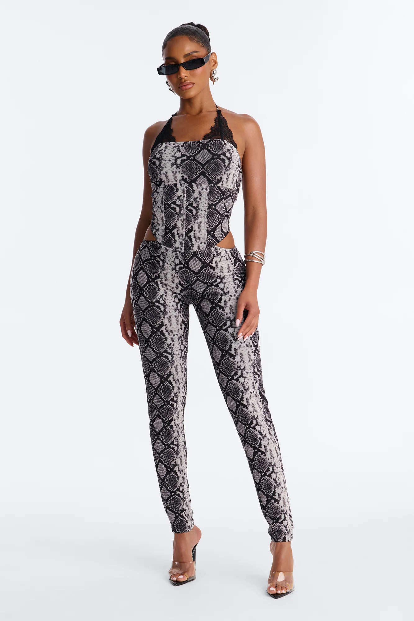 Styla Mesh Lace Trim Catsuit - Black/White