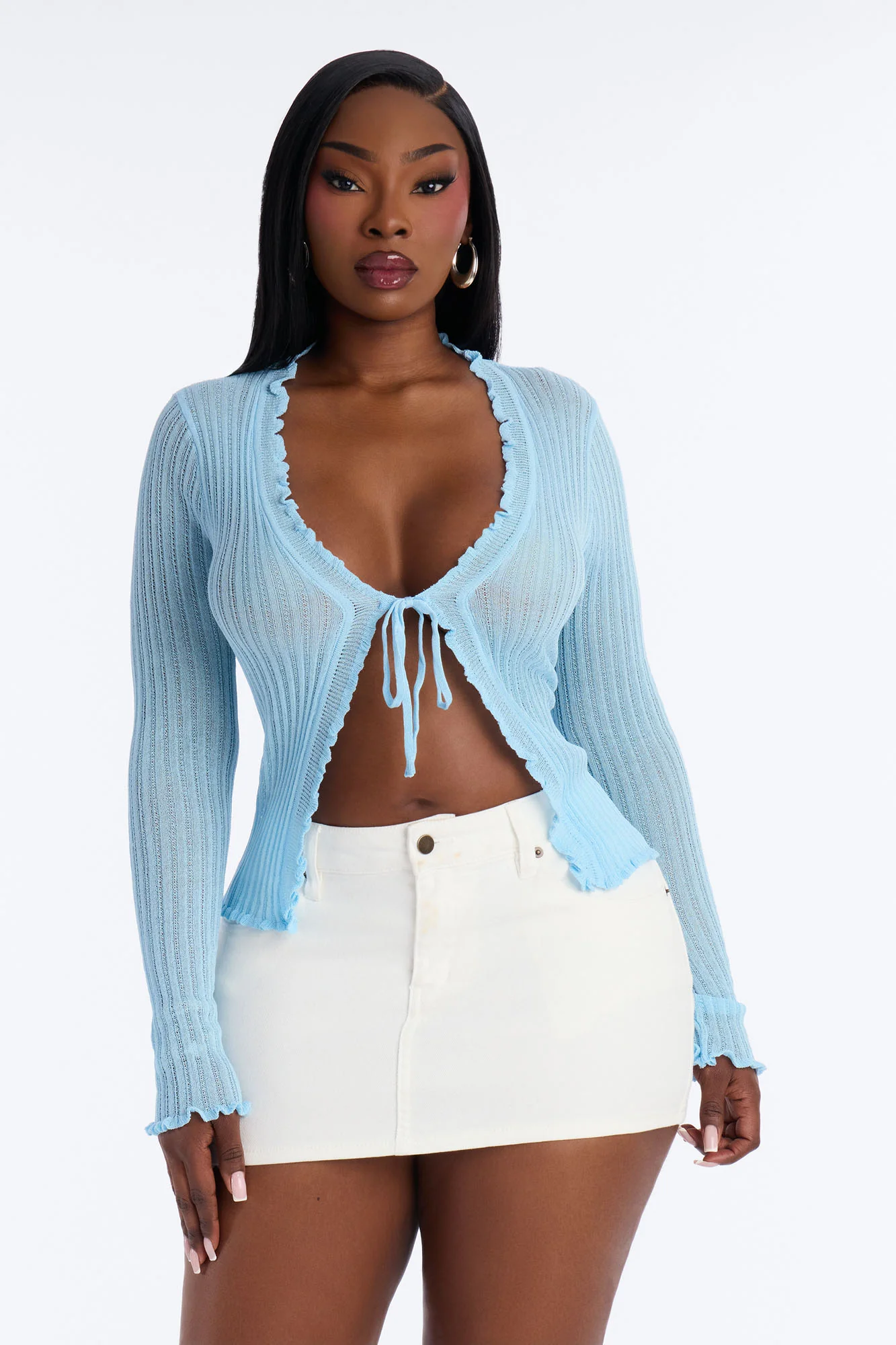 Styled In Sugar Ruffle Tie Front Cardigan - Light Blue - Image 6