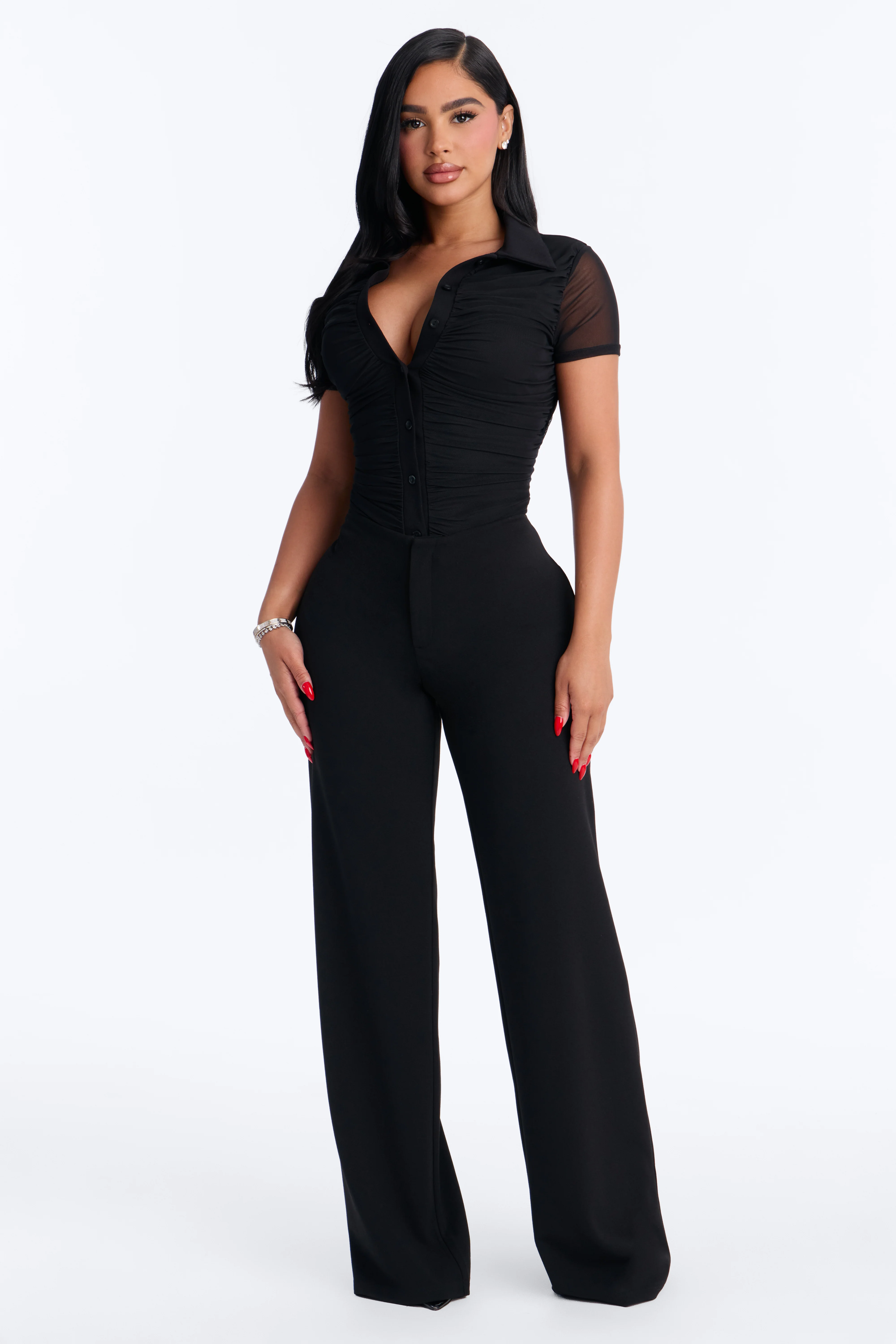 Subliminal Ruched Mesh Short Sleeve Bodysuit - Black - Image 5