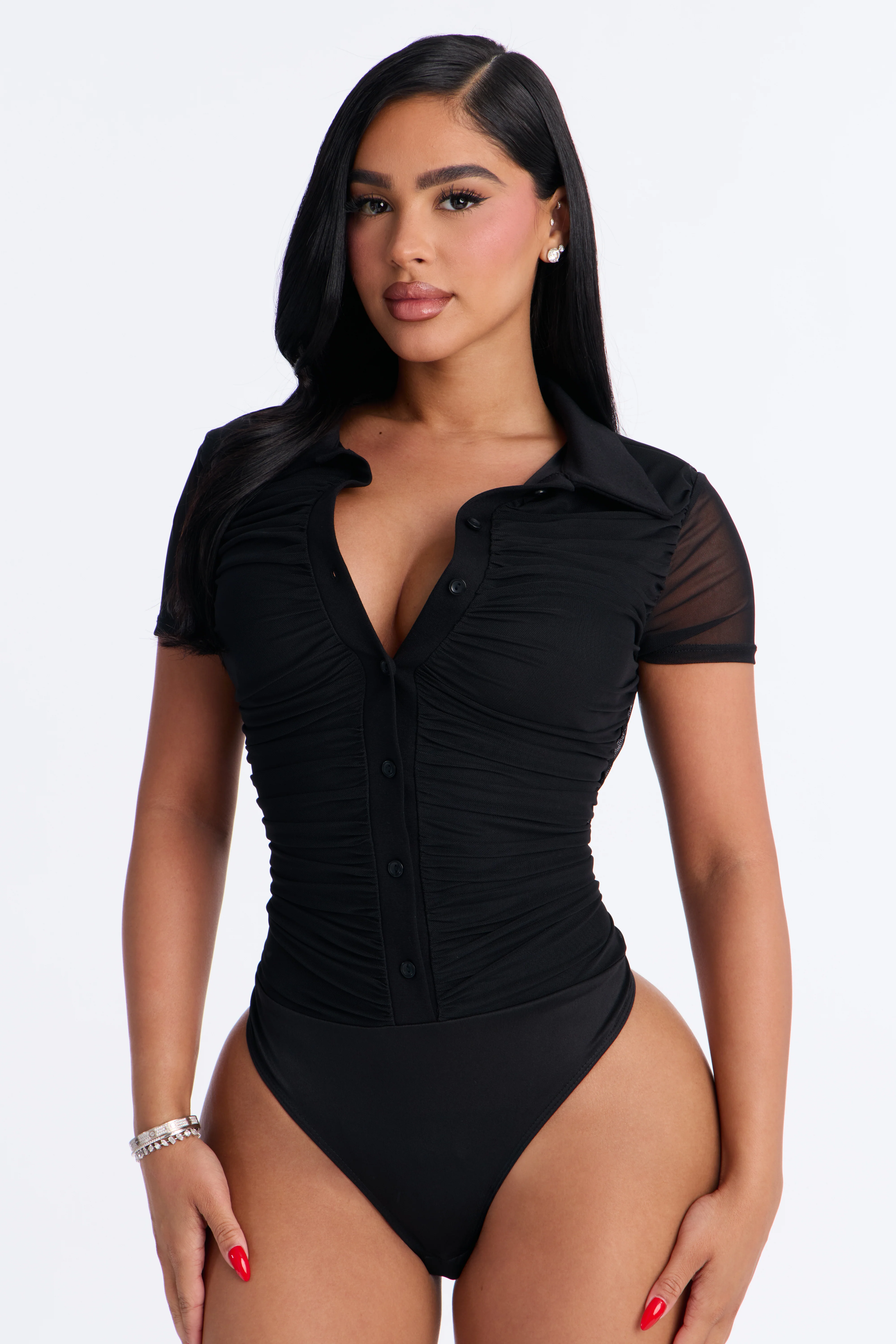Subliminal Ruched Mesh Short Sleeve Bodysuit - Black - Image 8
