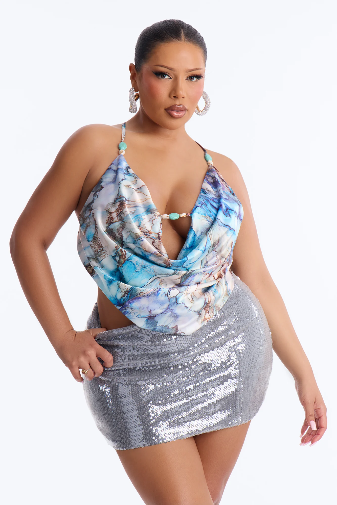 Sugar High Beaded Satin Halter Top - Blue/combo - Image 5