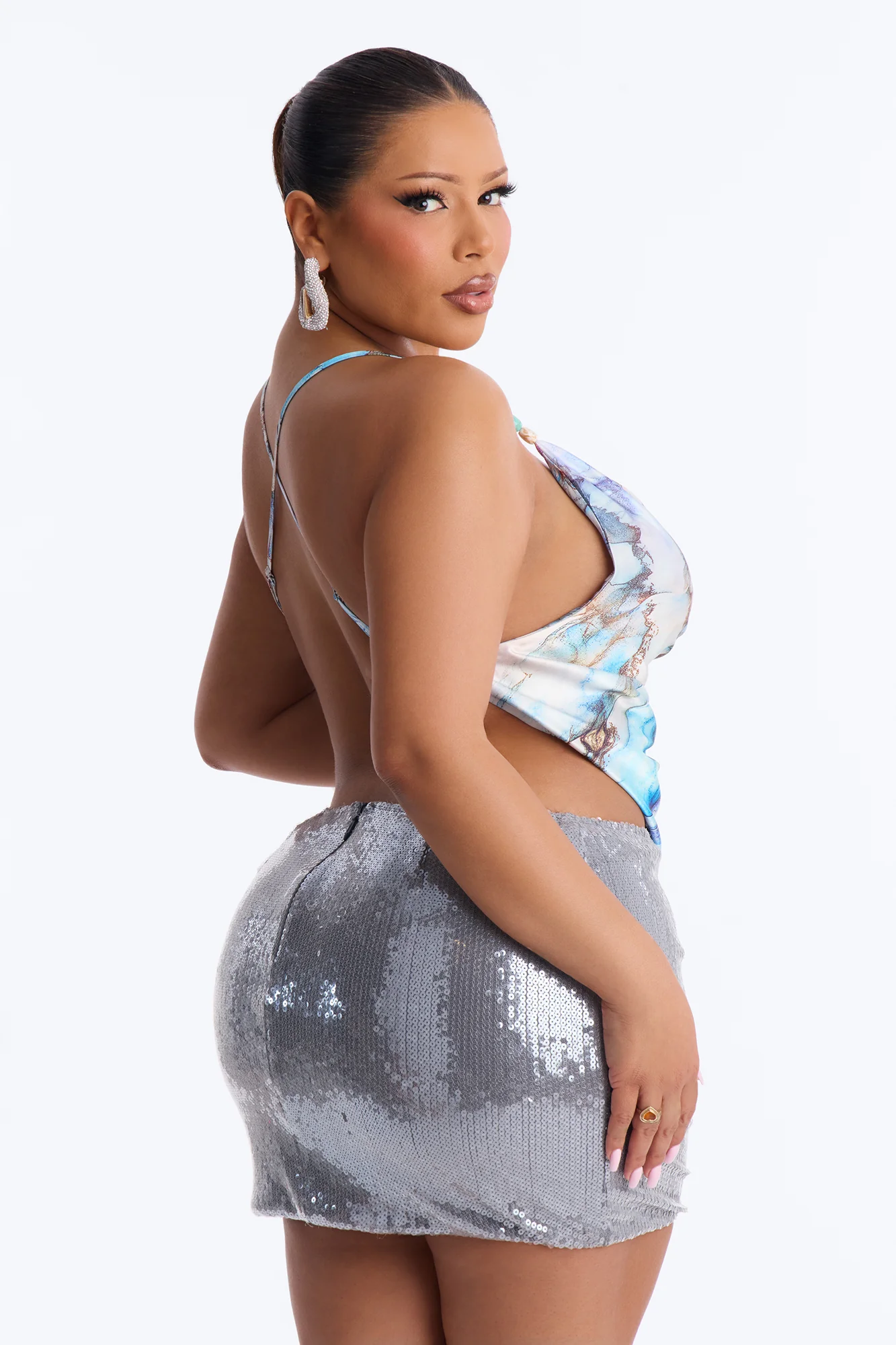 Sugar High Beaded Satin Halter Top - Blue/combo - Image 8