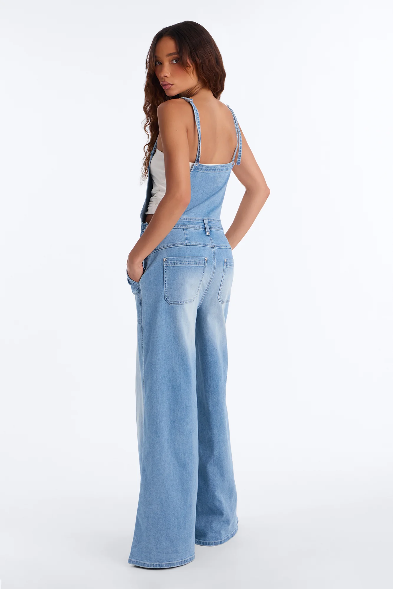 Summer Abroad Linen Blend Denim Overalls - Light Wash - Image 4