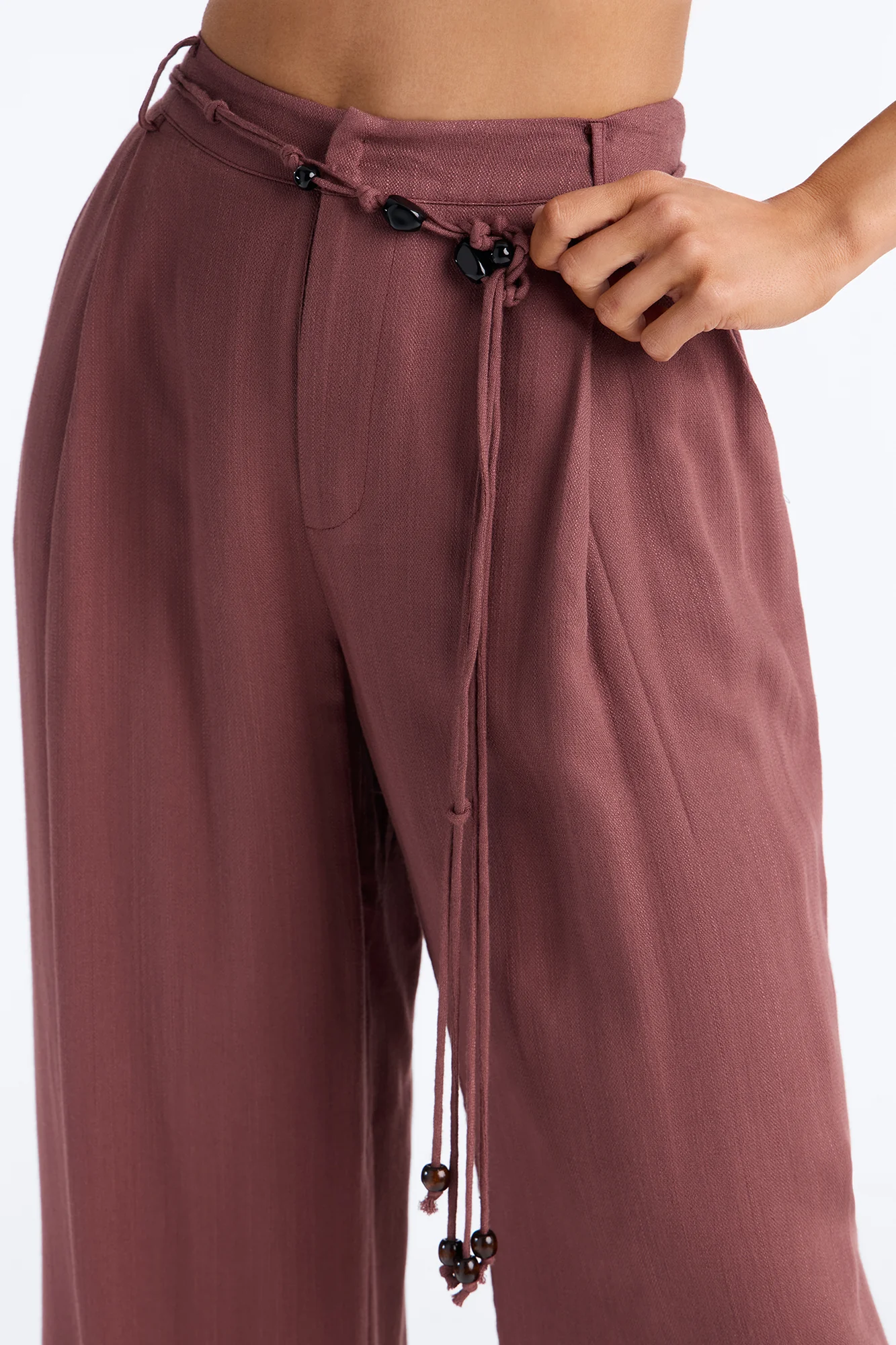 Summer Belted Textured Wide Leg Trouser - Brown - Image 3
