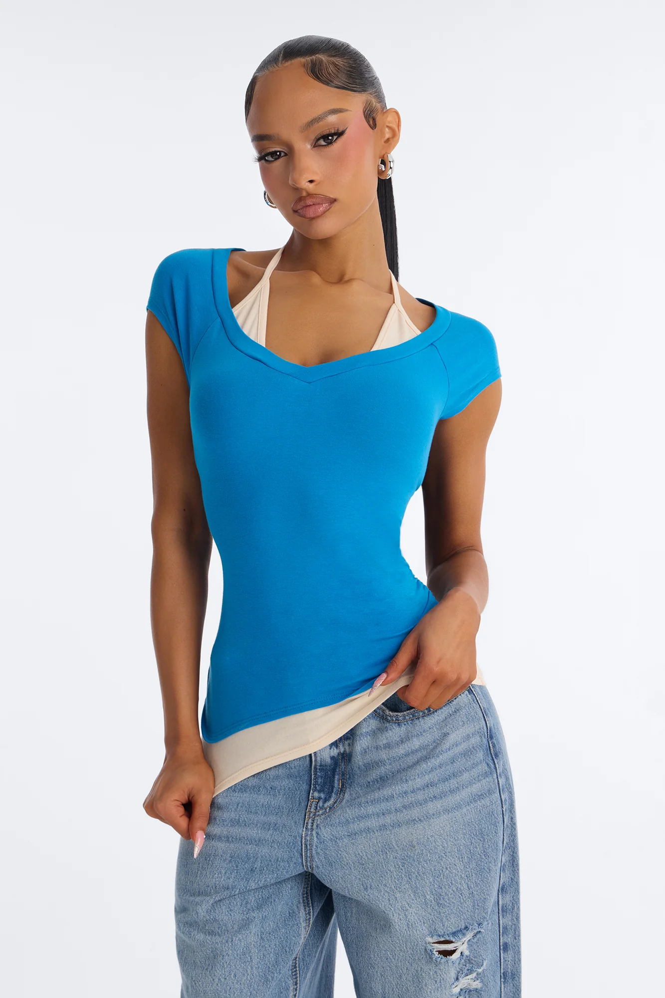Summer Contrast Layered Short Sleeve Top - Blue/combo