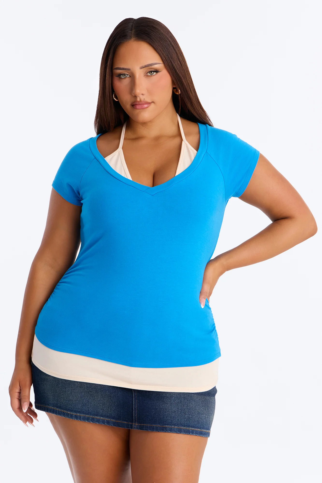 Summer Contrast Layered Short Sleeve Top - Blue/combo - Image 6