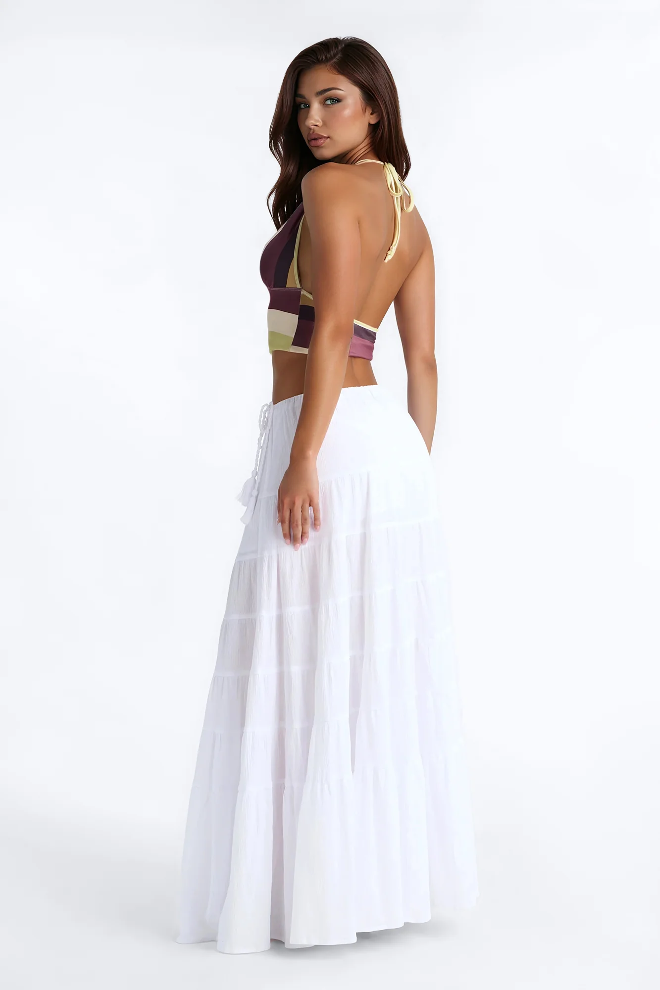 Summer Haze Tiered Rope Tie Waist Maxi Skirt - White - Image 4