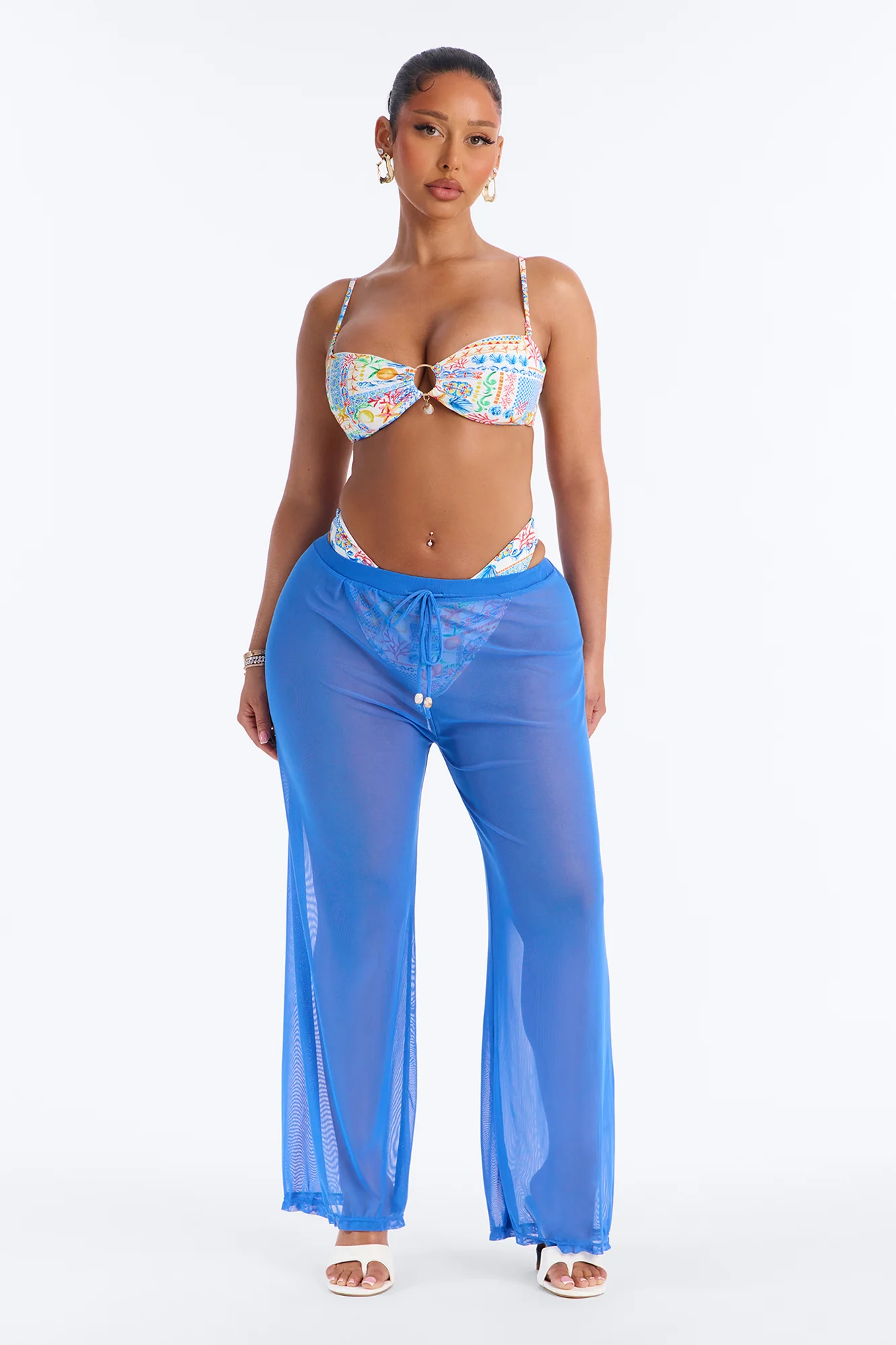 Summer Of Gardens 3 Piece Bandeau Bikini & Mesh Cover Up Pant Sunsuit - Blue/combo