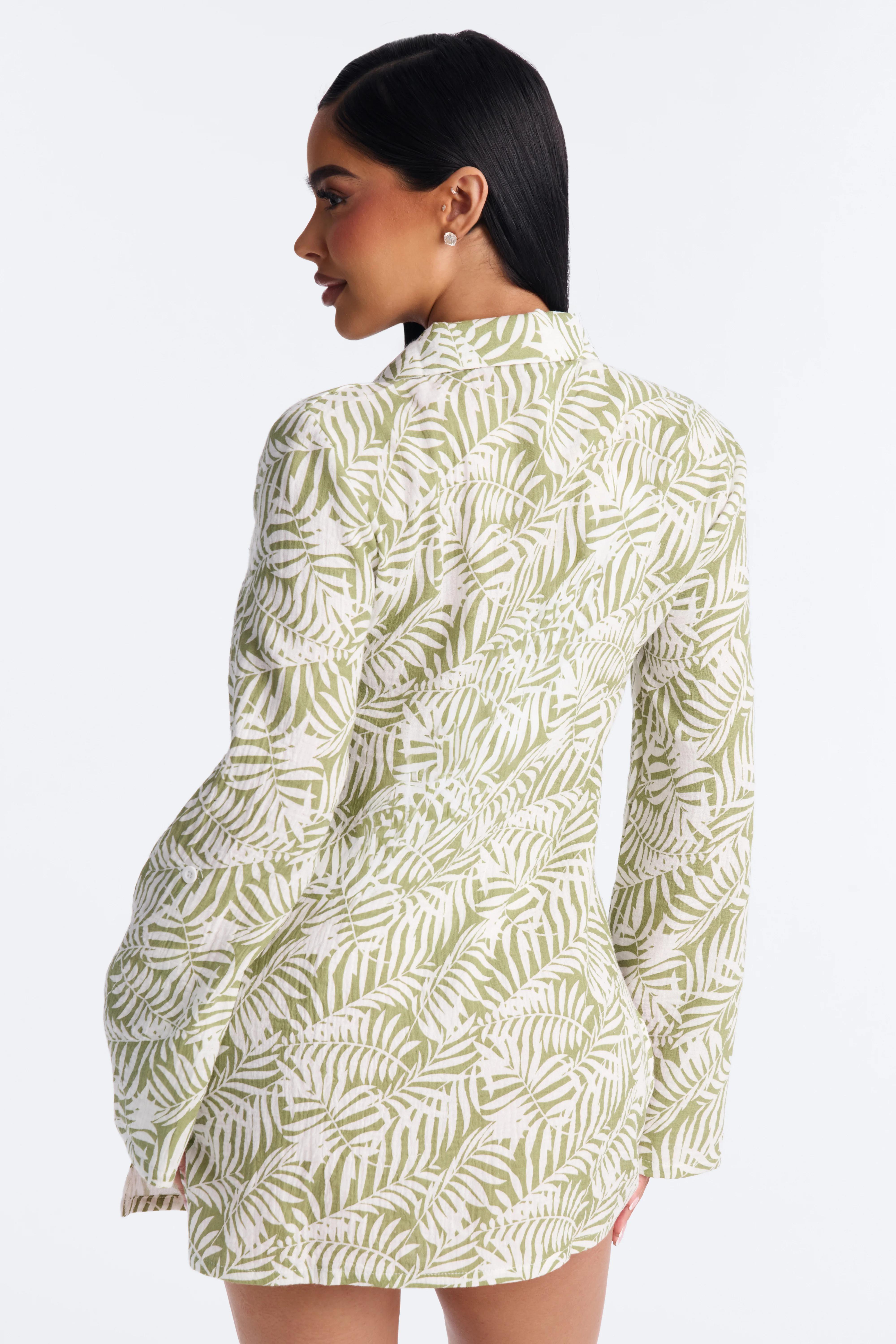 Sun Down Long Sleeve Cover Up Button Up Dress - Green - Image 3