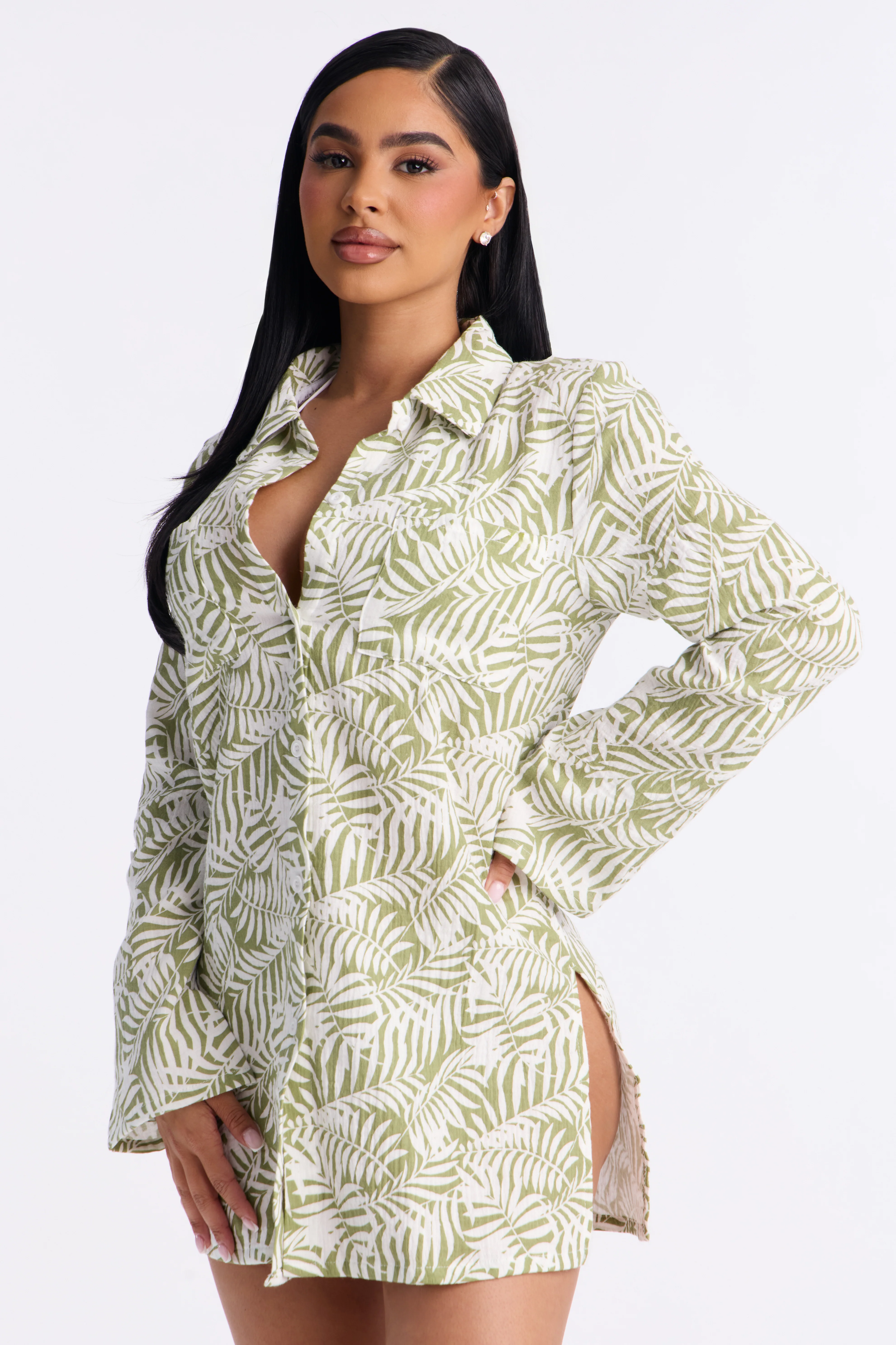 Sun Down Long Sleeve Cover Up Button Up Dress - Green - Image 4