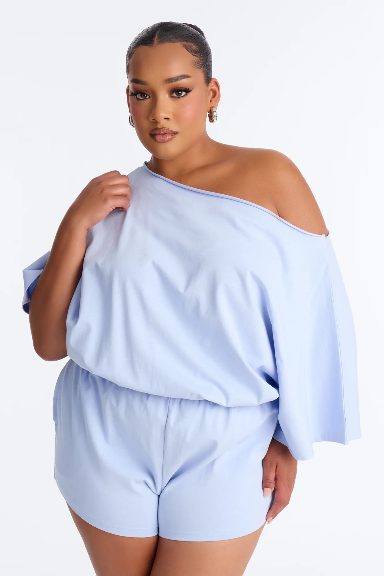 Sunday Dream Cotton Off Shoulder Romper - Dusty Blue - Image 5