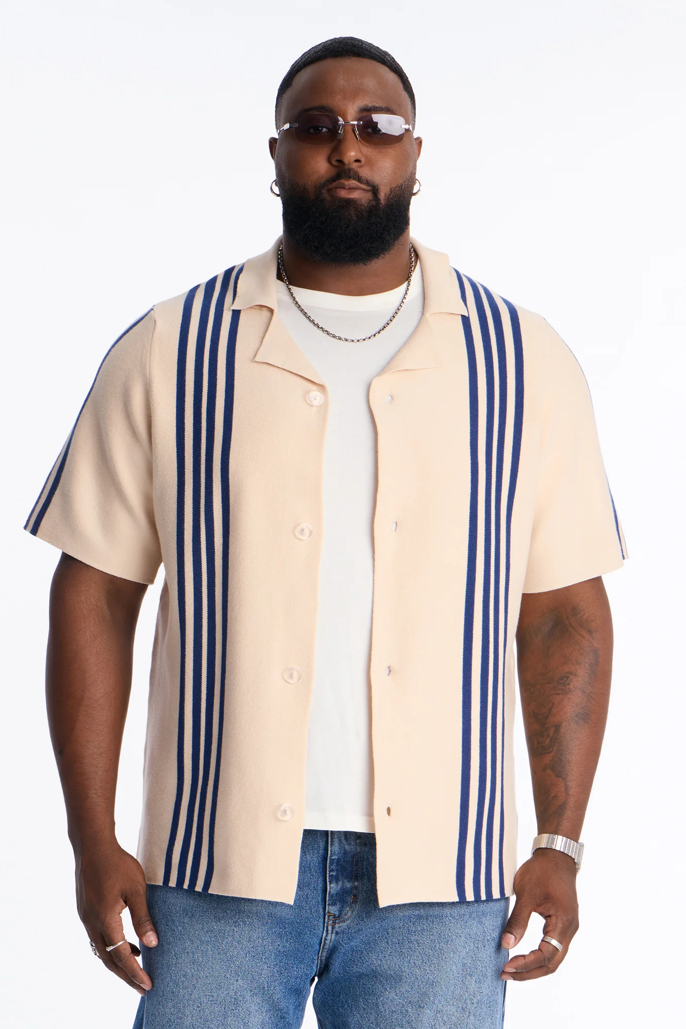 Sunday Jazz Stripe Cuban Collar Button Up Shirt - Cream/combo