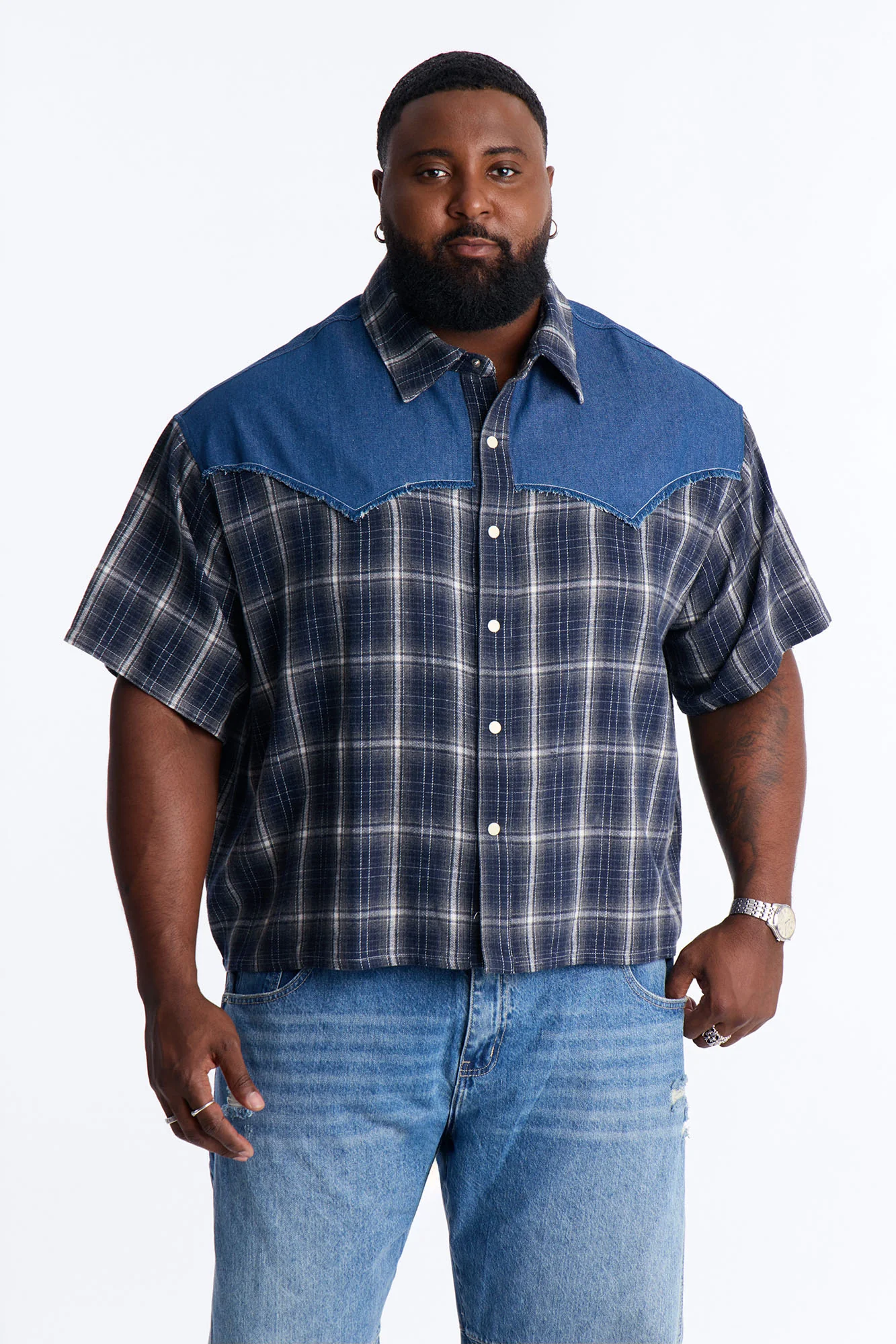 Sundown Mixed Media Button Up Shirt - Black - Image 5
