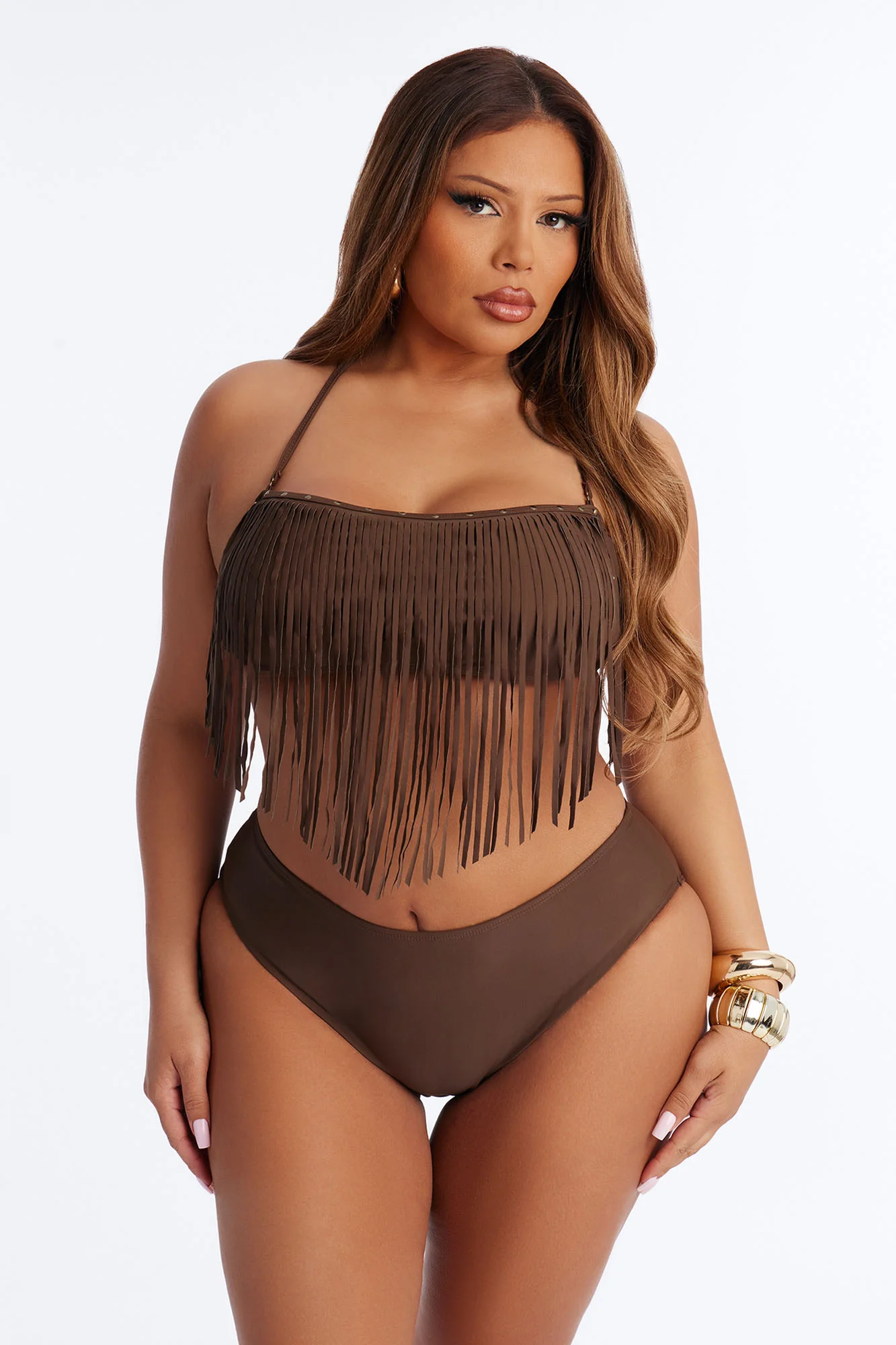 Sunkissed Mischief 3 Piece Fringe Bikini Set - Brown - Image 5