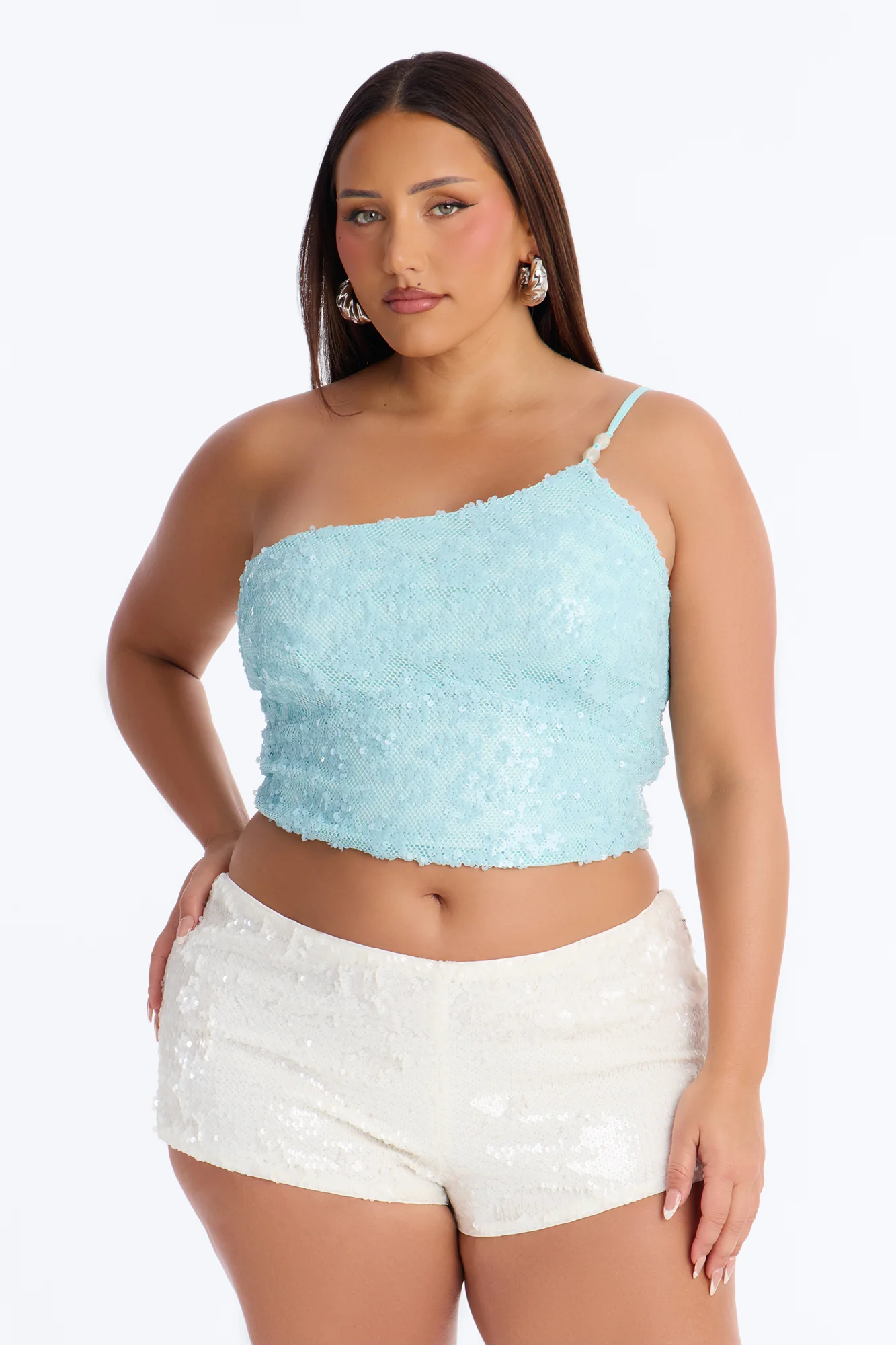 Sunny Sequin One Shoulder Top - Blue - Image 5