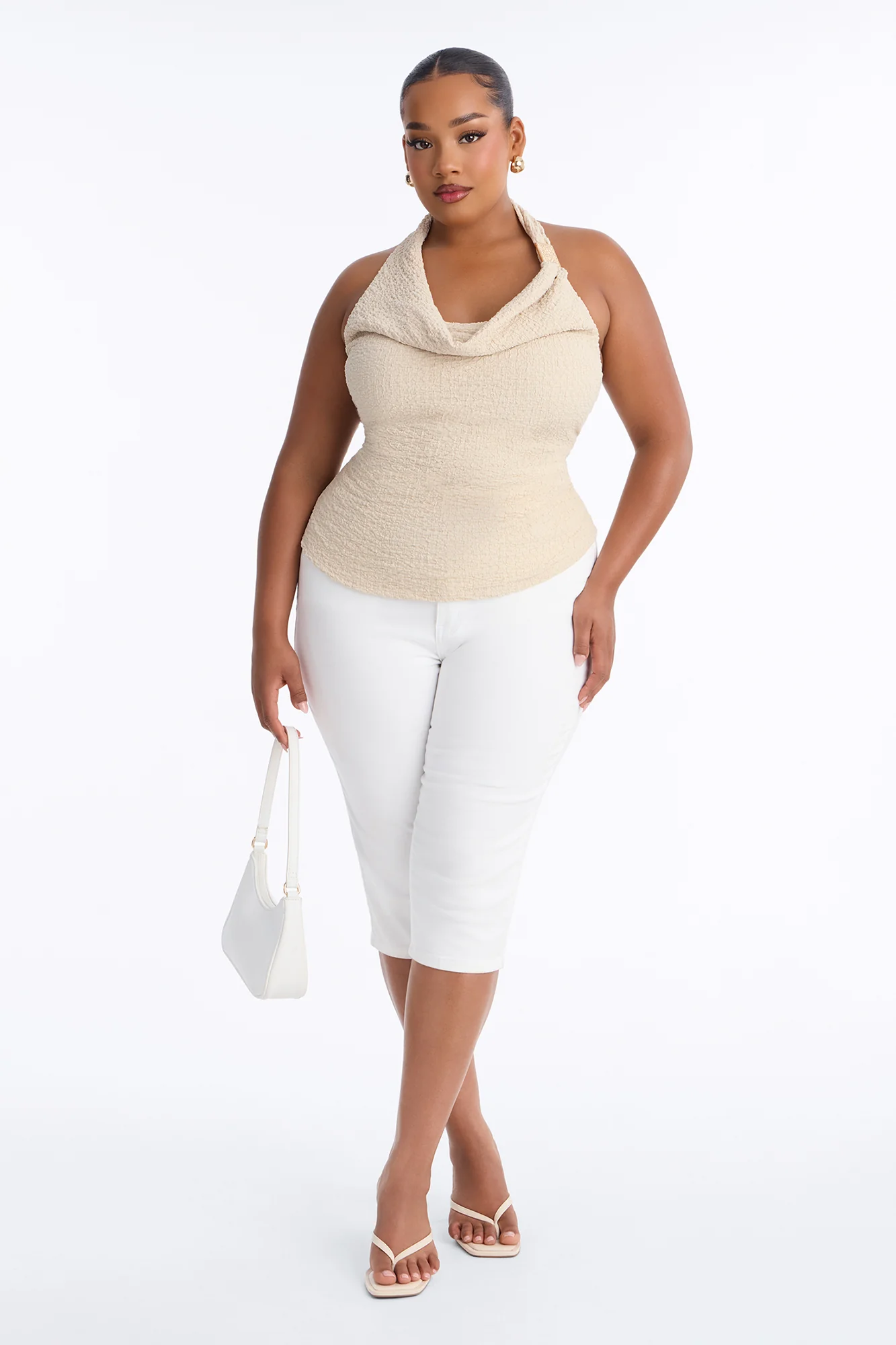 Sunny Textured Cowl Neck Hardware Halter Top - Sand