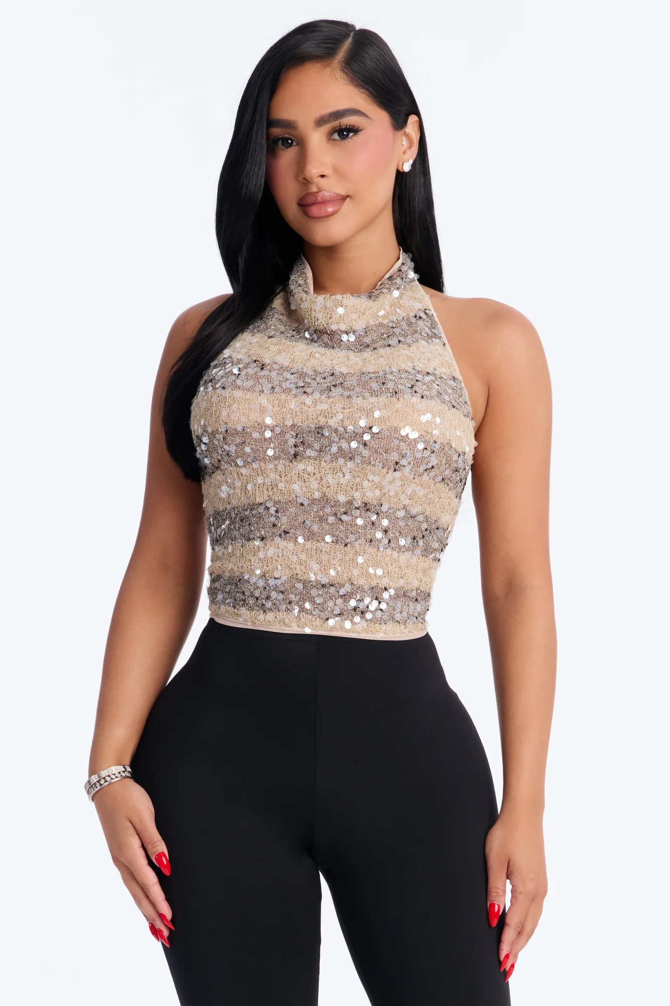 Sunny Textured Sequin Cowl Neck Halter Top - Taupe/combo