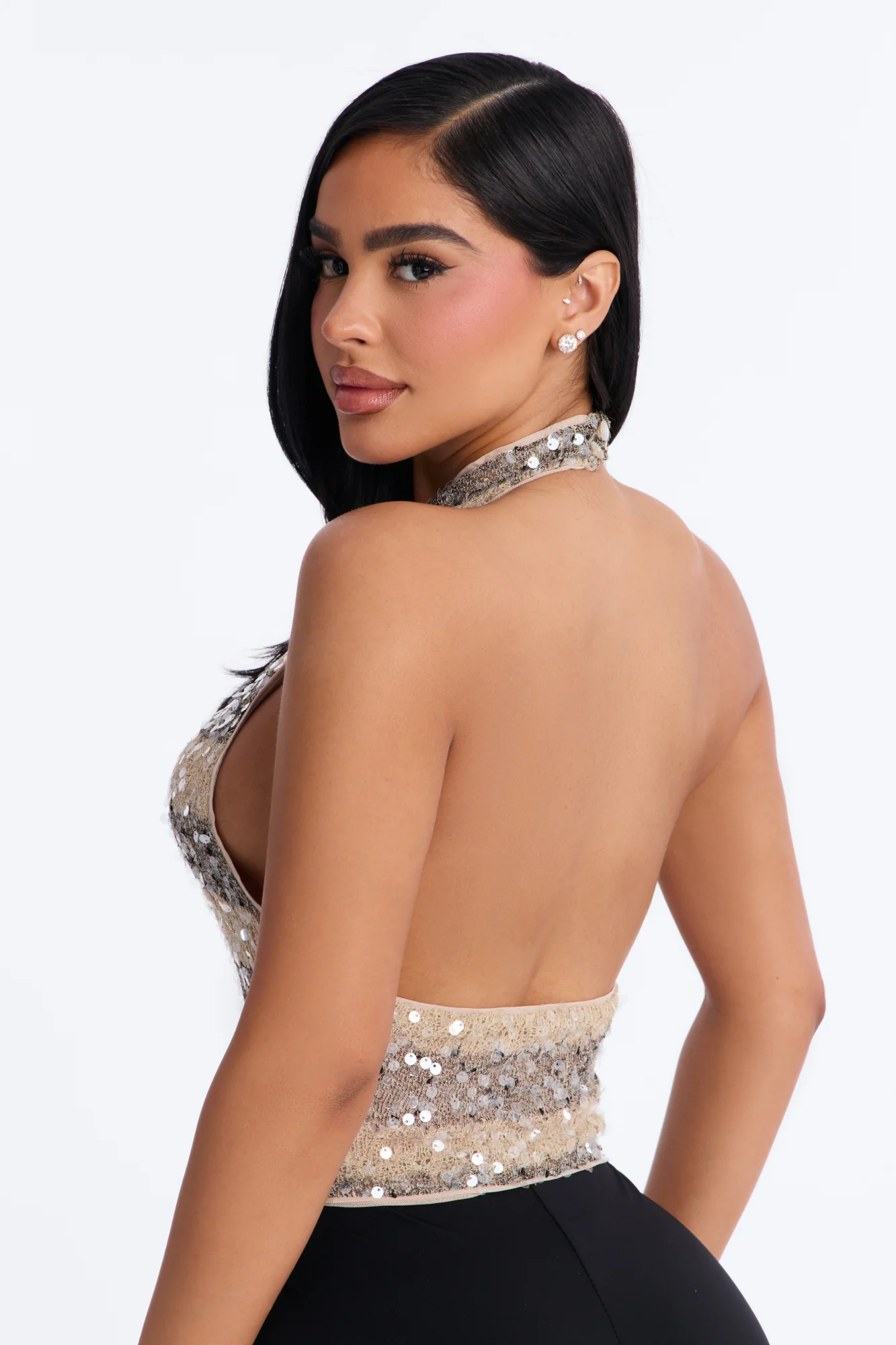 Sunny Textured Sequin Cowl Neck Halter Top - Taupe/combo - Image 3