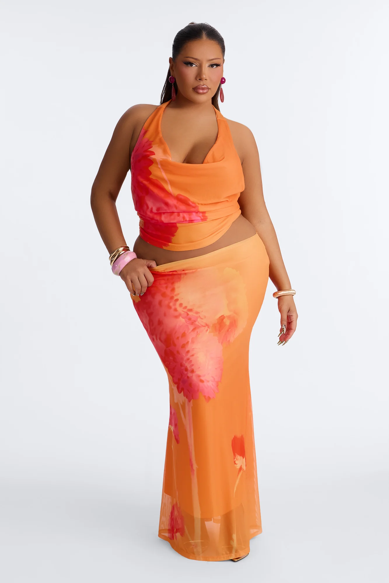 Sunset Petals Halter Mesh Maxi Skirt Set - Orange - Image 5