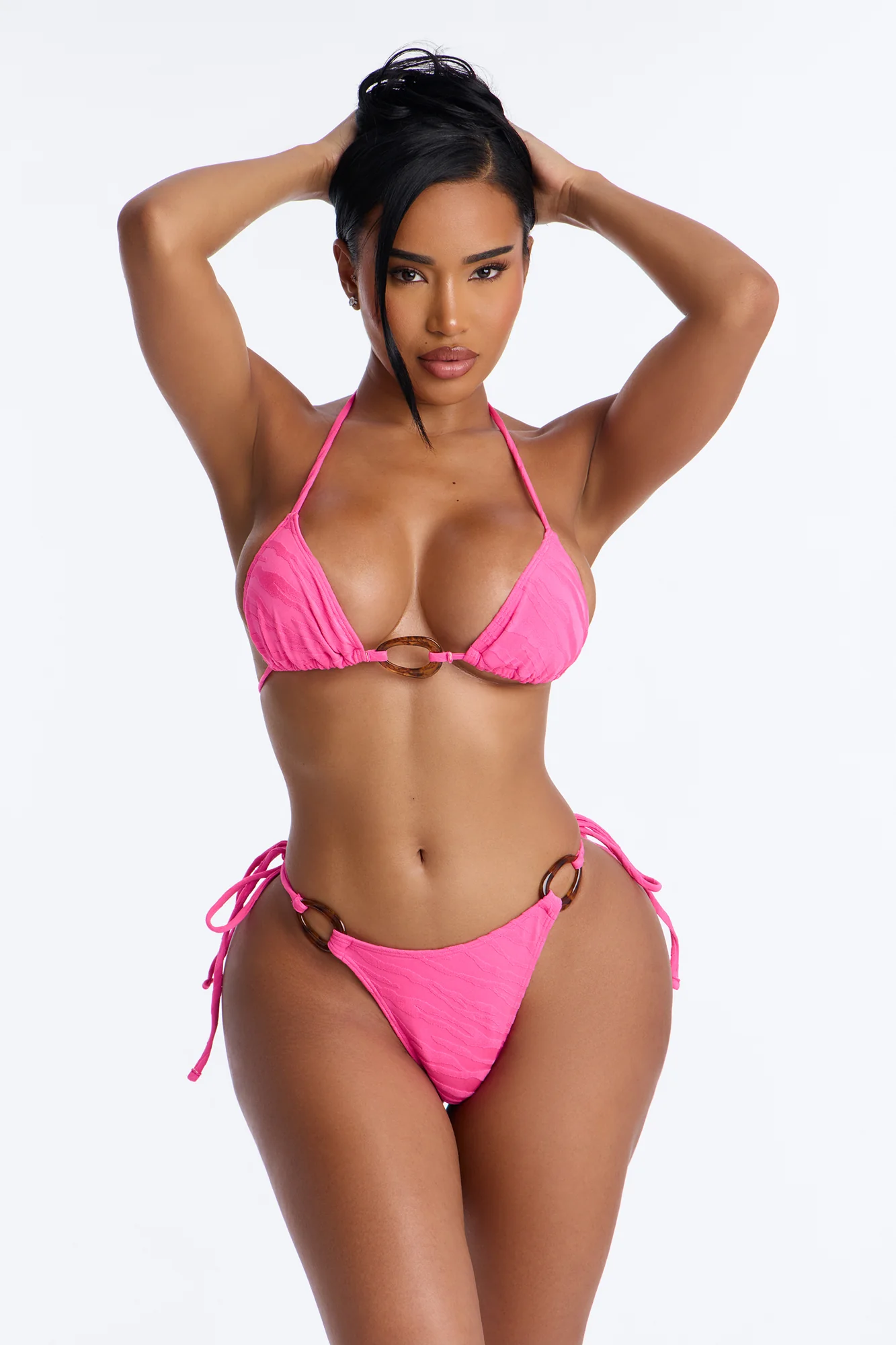 Sunset Splash Textured 3 Piece Bikini Shorts Set - Fuchsia - Image 2