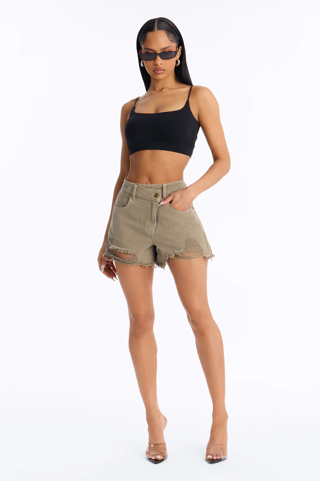 SunshineTime Crossover Cut Off Denim Shorts - Olive - Image 2