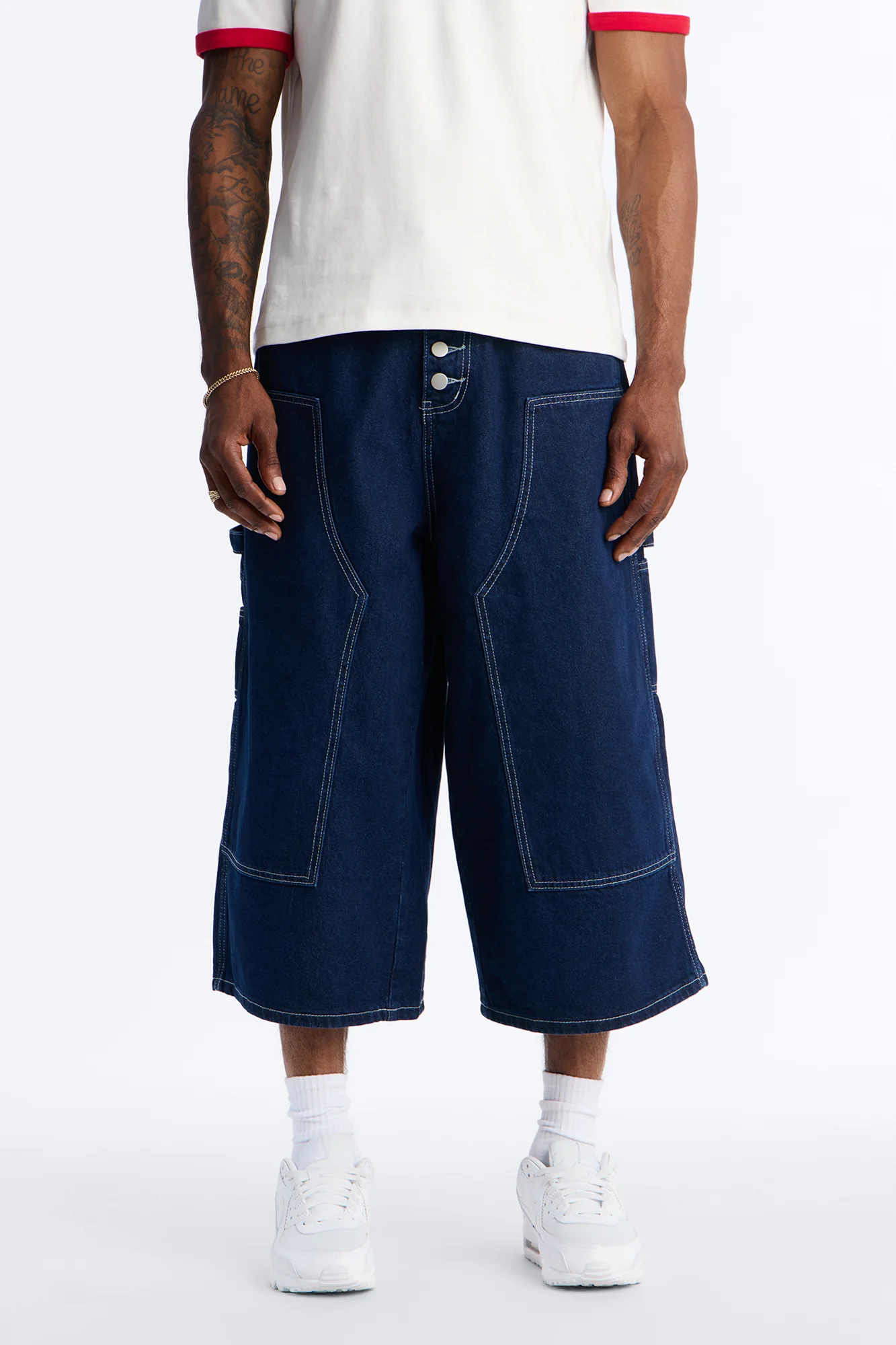 Super Baggy Button Drop Denim Shorts - Dark Wash