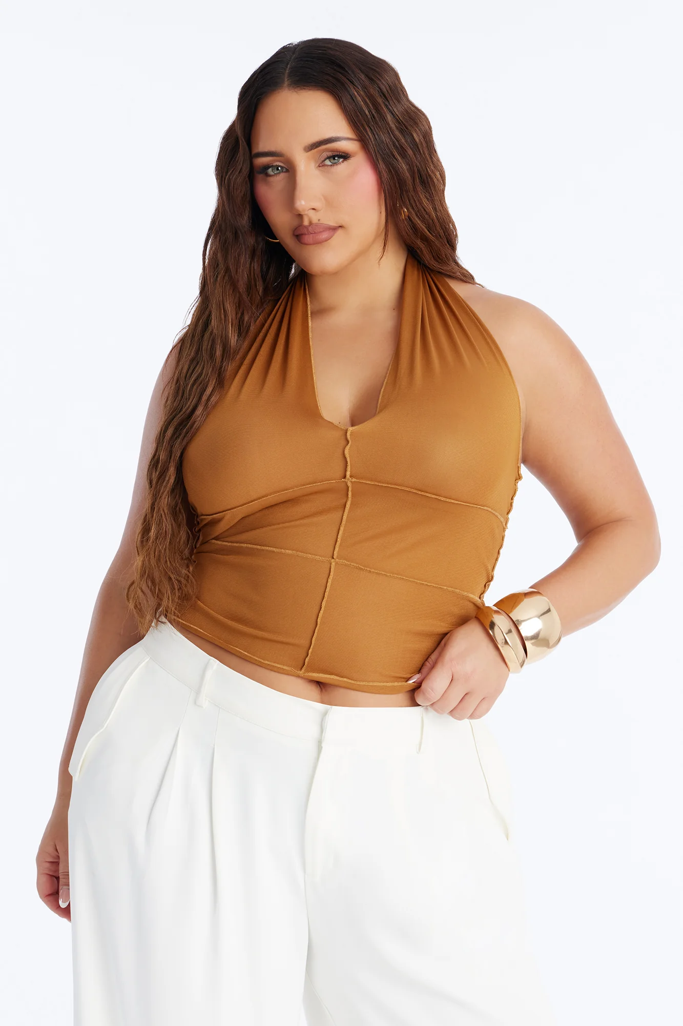 Sweet Heat Sheer Mesh Halter Top - Mustard - Image 4