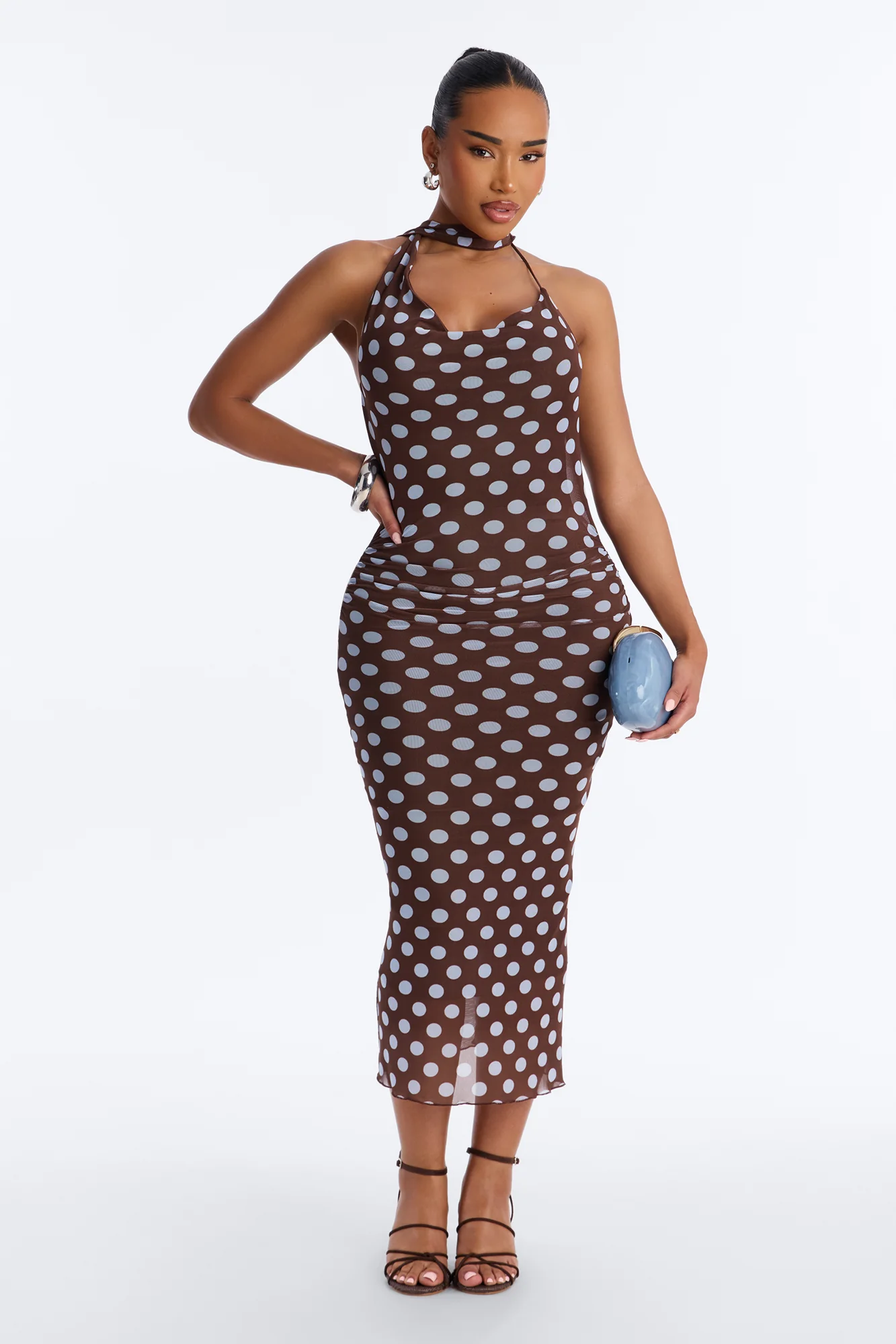 Sweet Spot Polka Dot Mesh Midi Dress - Brown/combo
