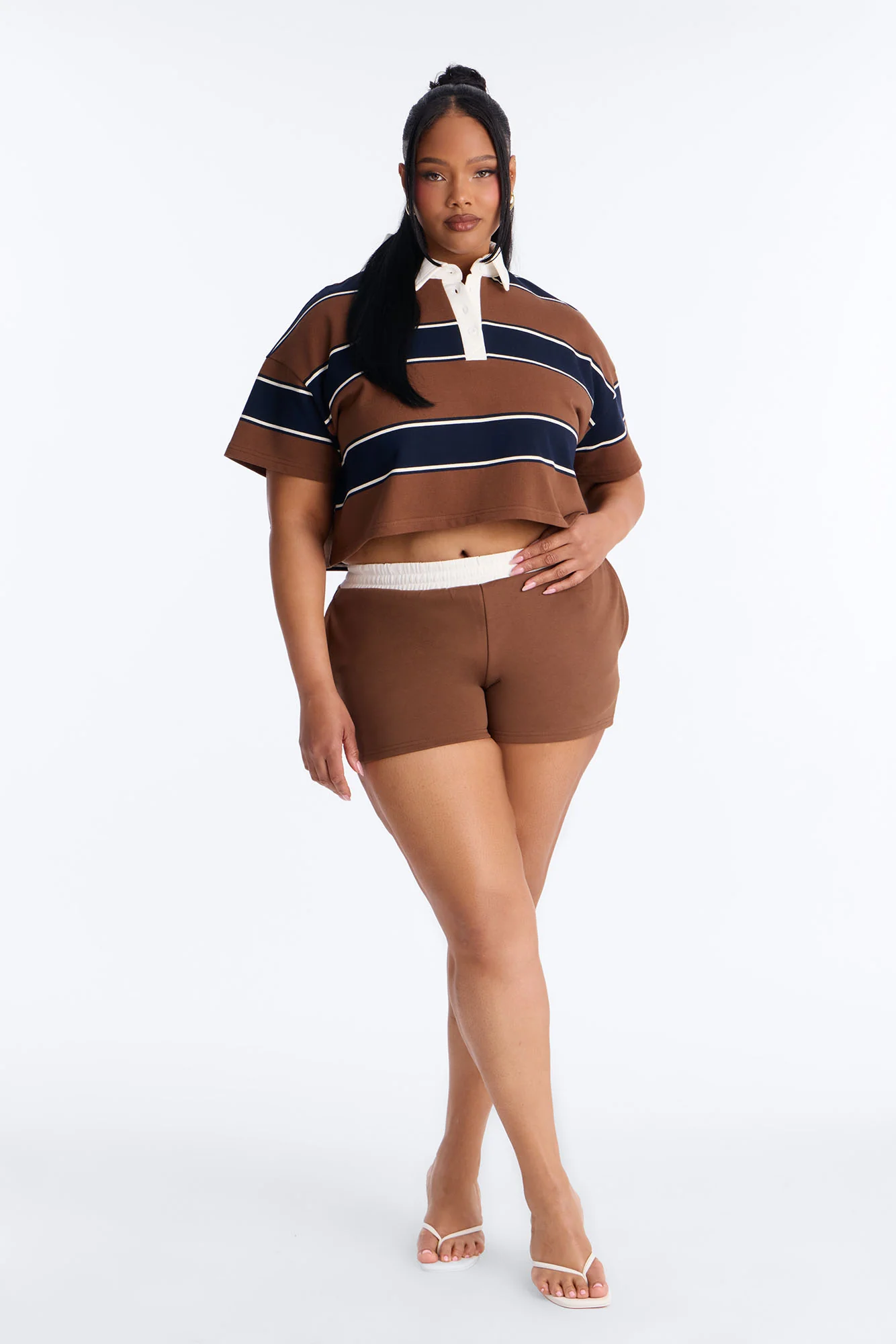 Sydney Striped Polo Lounge Short Set - Chocolate - Image 5