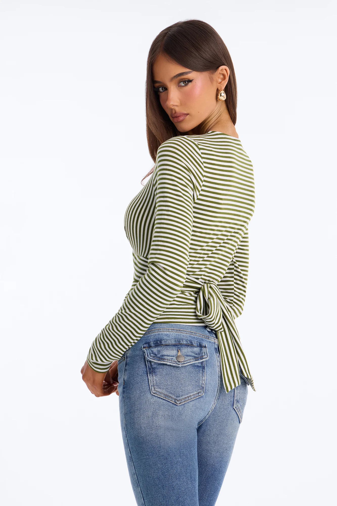 Sydney Striped Tie Back Long Sleeve Top - Olive/combo - Image 4