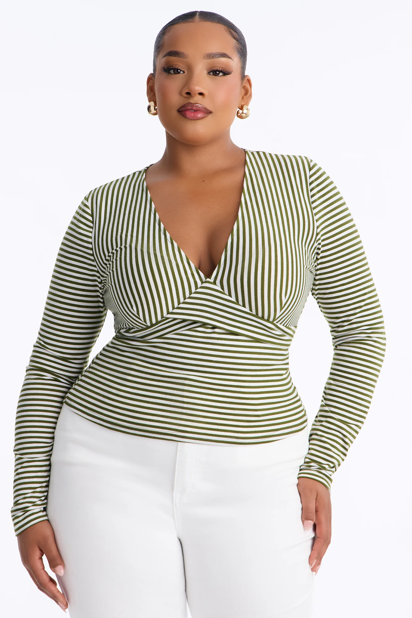 Sydney Striped Tie Back Long Sleeve Top - Olive/combo - Image 5